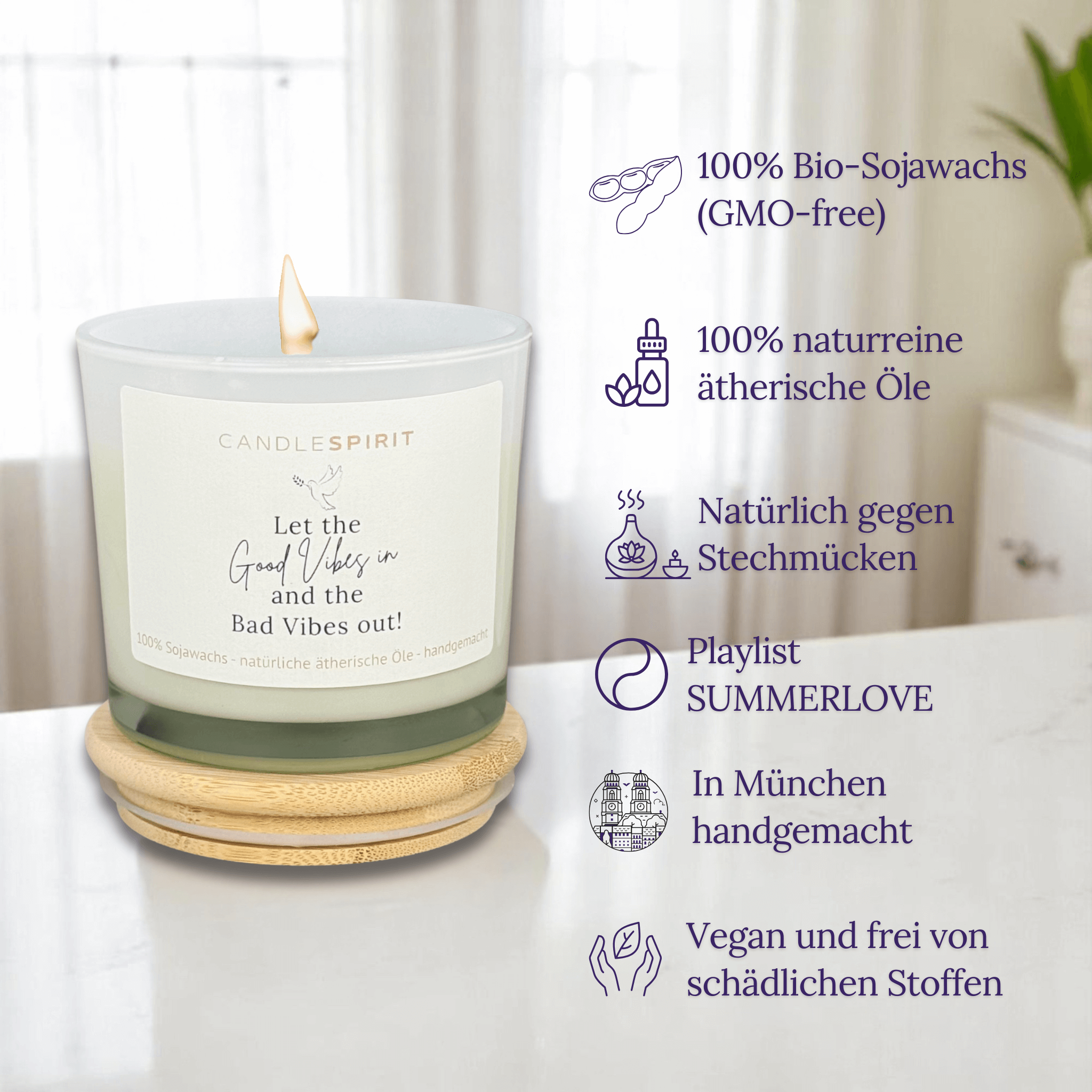 Duftkerze "Let the Good Vibes in and the Bad Vibes out!" Duft "SUMMERLOVE" mit Citronella & Lemongras | Bio-Sojawachs & reine ätherische Öle | 50h