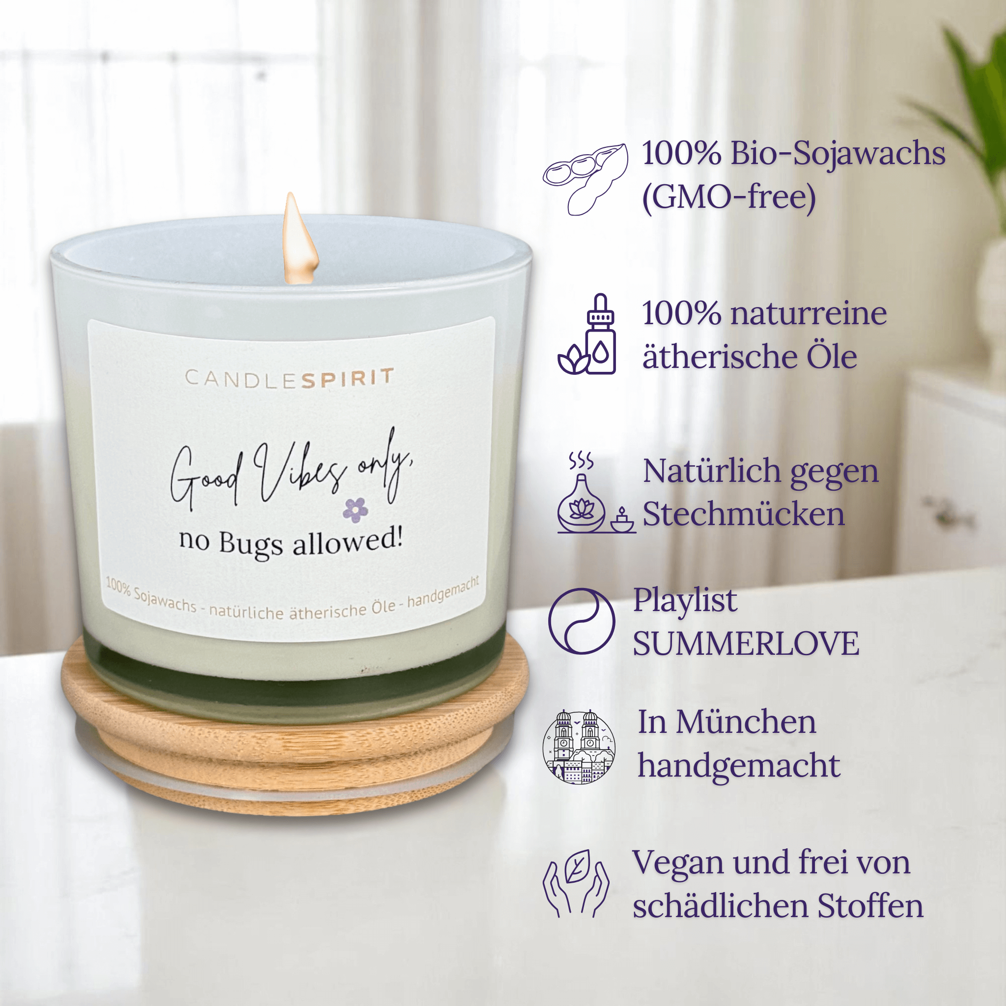 "Good Vibes only, no Bugs allowed!" | Outdoor Aromatherapie Duftkerze | Duft "SUMMERLOVE" aus Citronella und Lemongrass | 50h