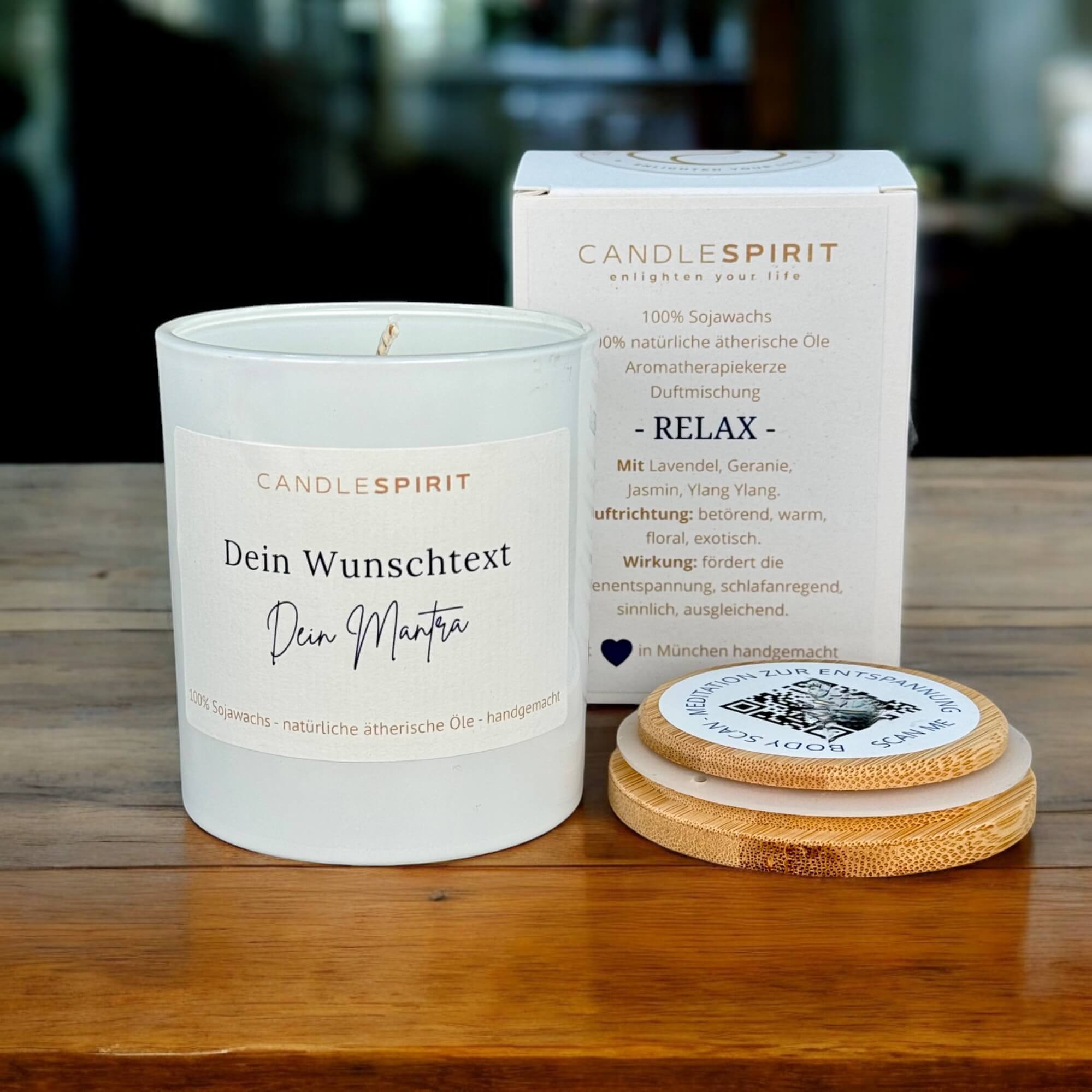 Aromatherapie Kerze mit Deine Wunschtext Ansicht mit Verpackung
