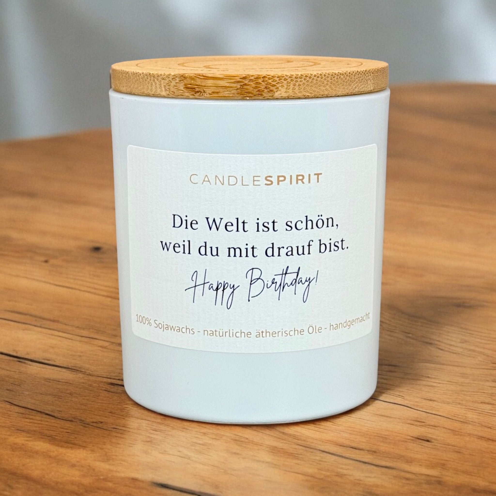 Aromatherapiekerze "Die Welt ist schön, weil du mit drauf bist. Happy Birthday!" Ansicht 1