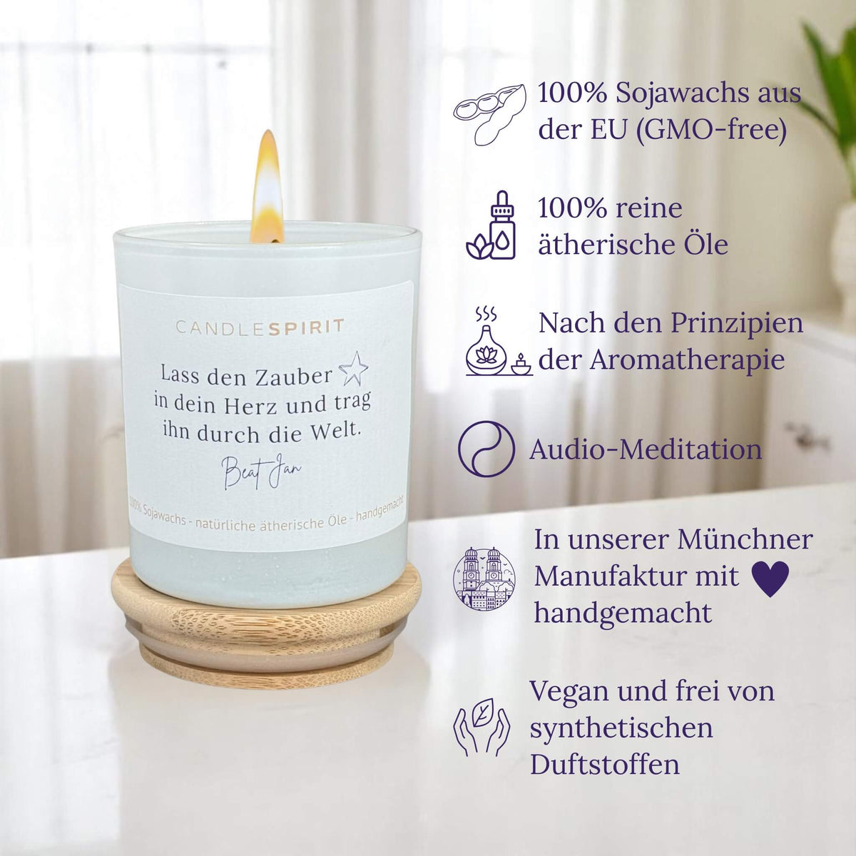 Audio-Duftkerze "Lass den Zauber in Dein Herz und trag ihn durch die Welt! Beat Jan" mit ätherischen Ölen & Audio-Meditation