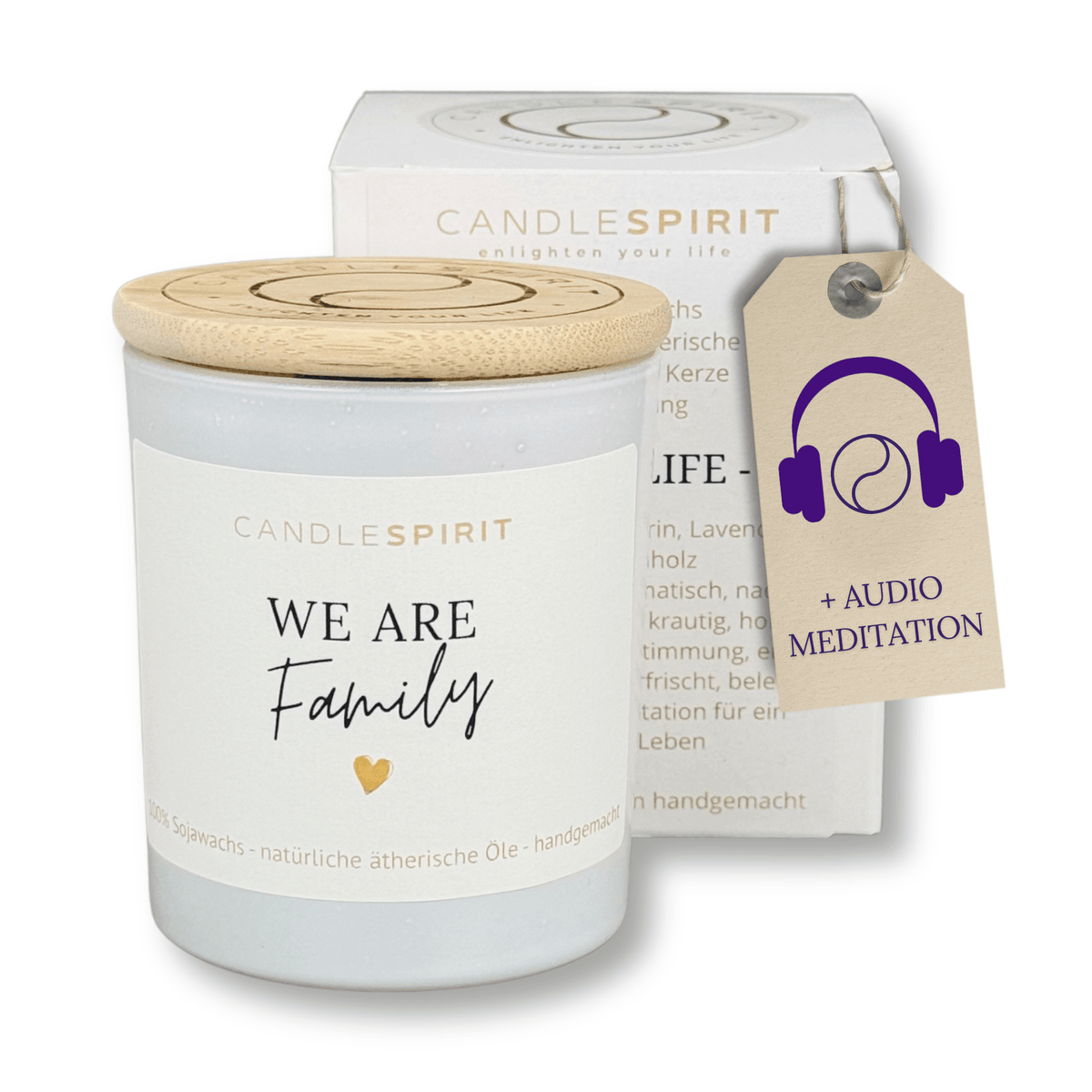 Audio-Duftkerze mit Zitat "We are family" mit Audio-Meditation