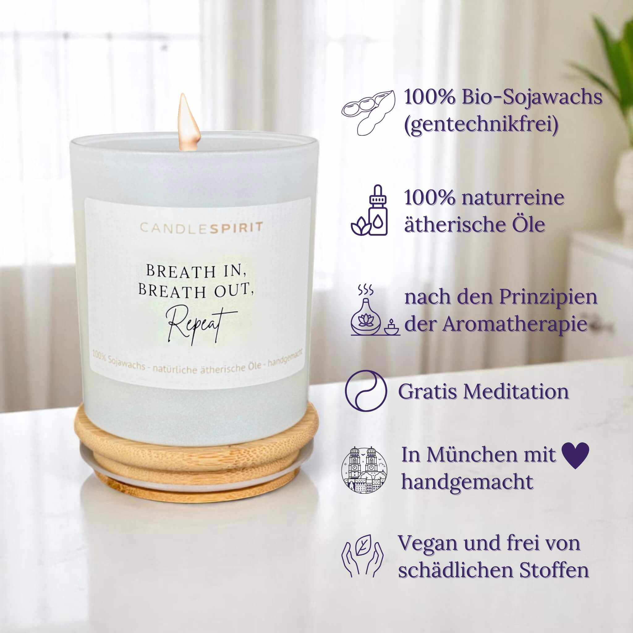 Duftkerze mit dem Spruch "Breath in, Breath out, Repeat" USPs