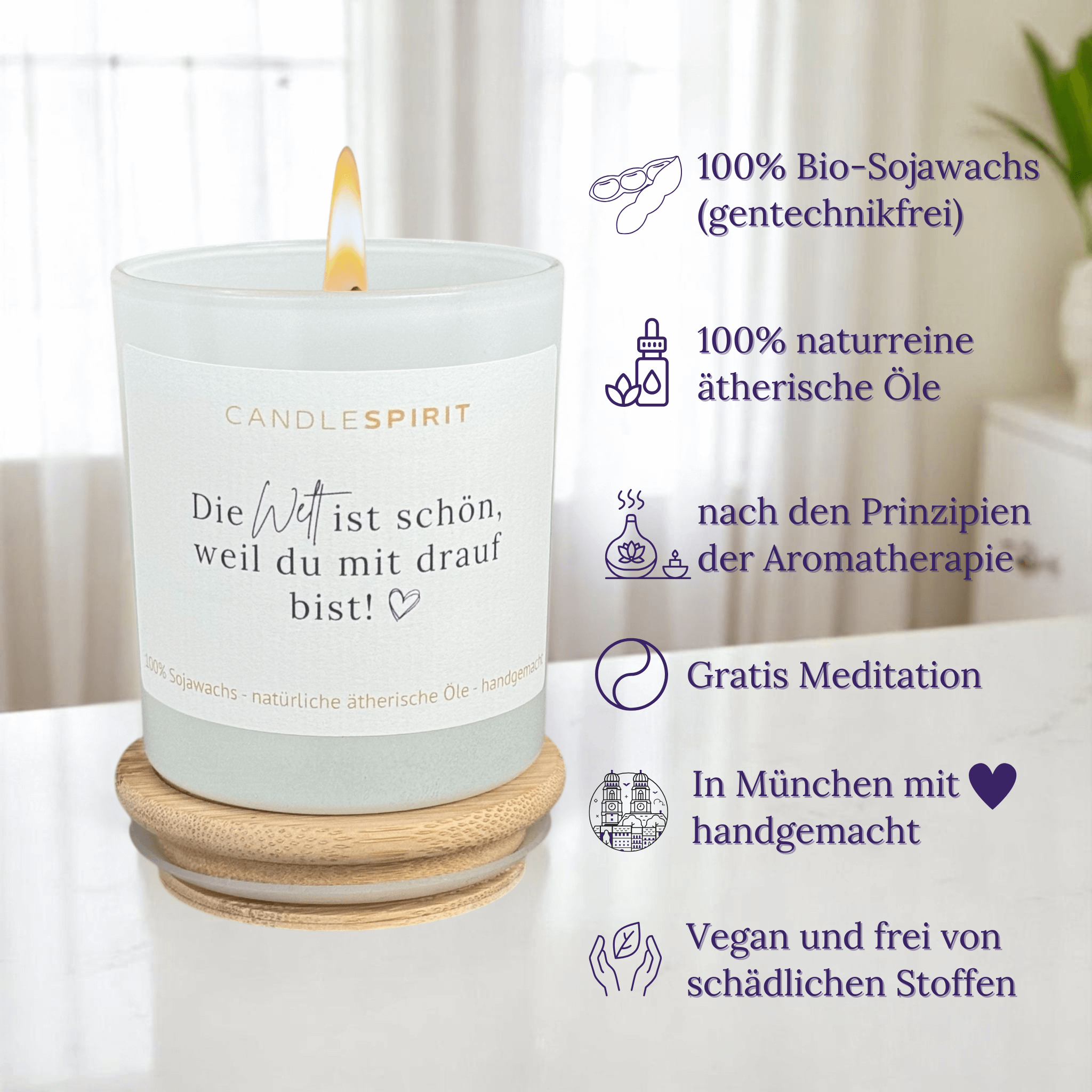 "Die Welt ist schön, weil Du mit drauf bist!" Duftkerze mit ätherischen Ölen & Audio-Meditation