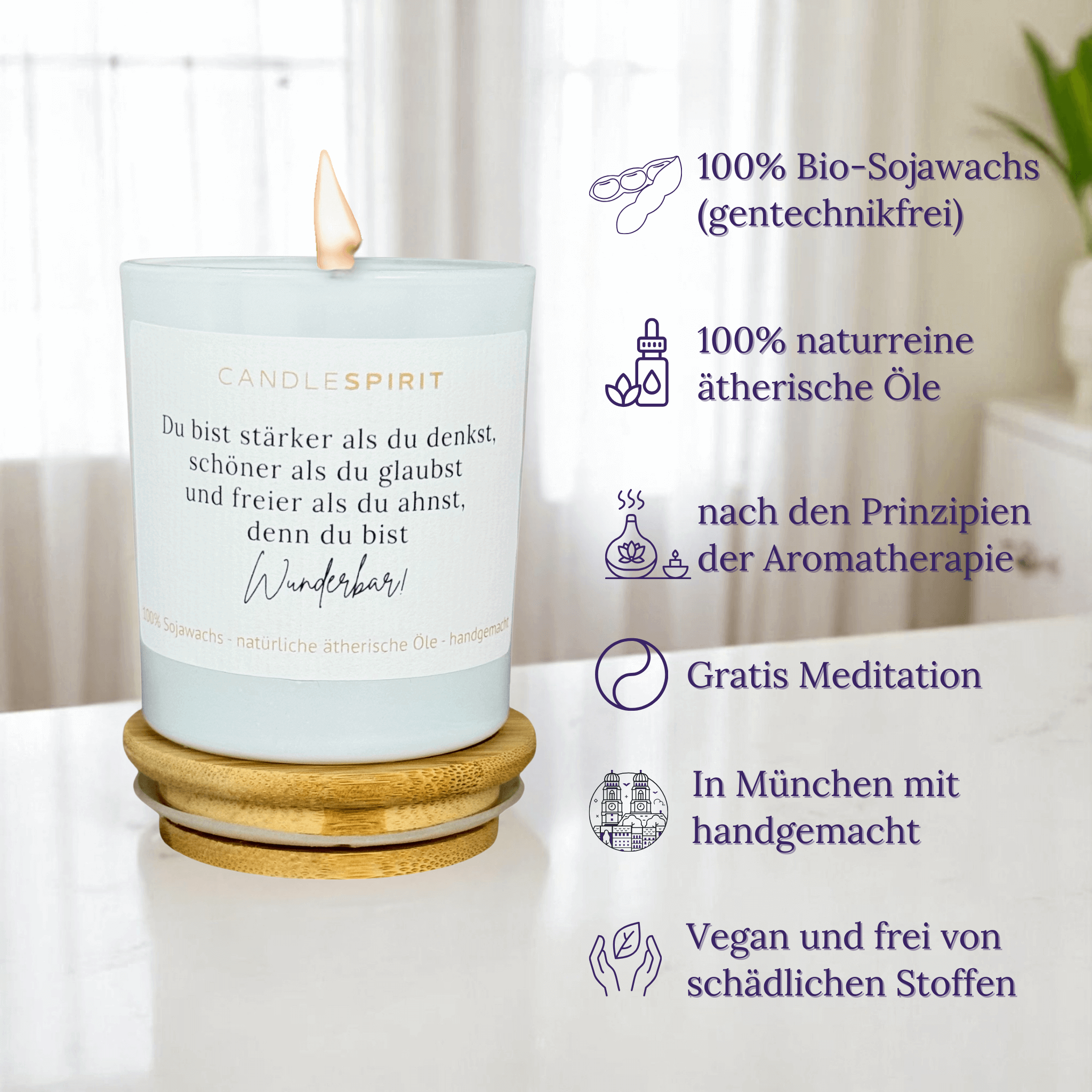 "Du bist stärker als Du denkst, schöner als Du glaubst und freier als Du ahnst, denn Du bist wunderbar." | Aromatherapie Duftkerze & Gratis Meditation | Bio-Sojawachs