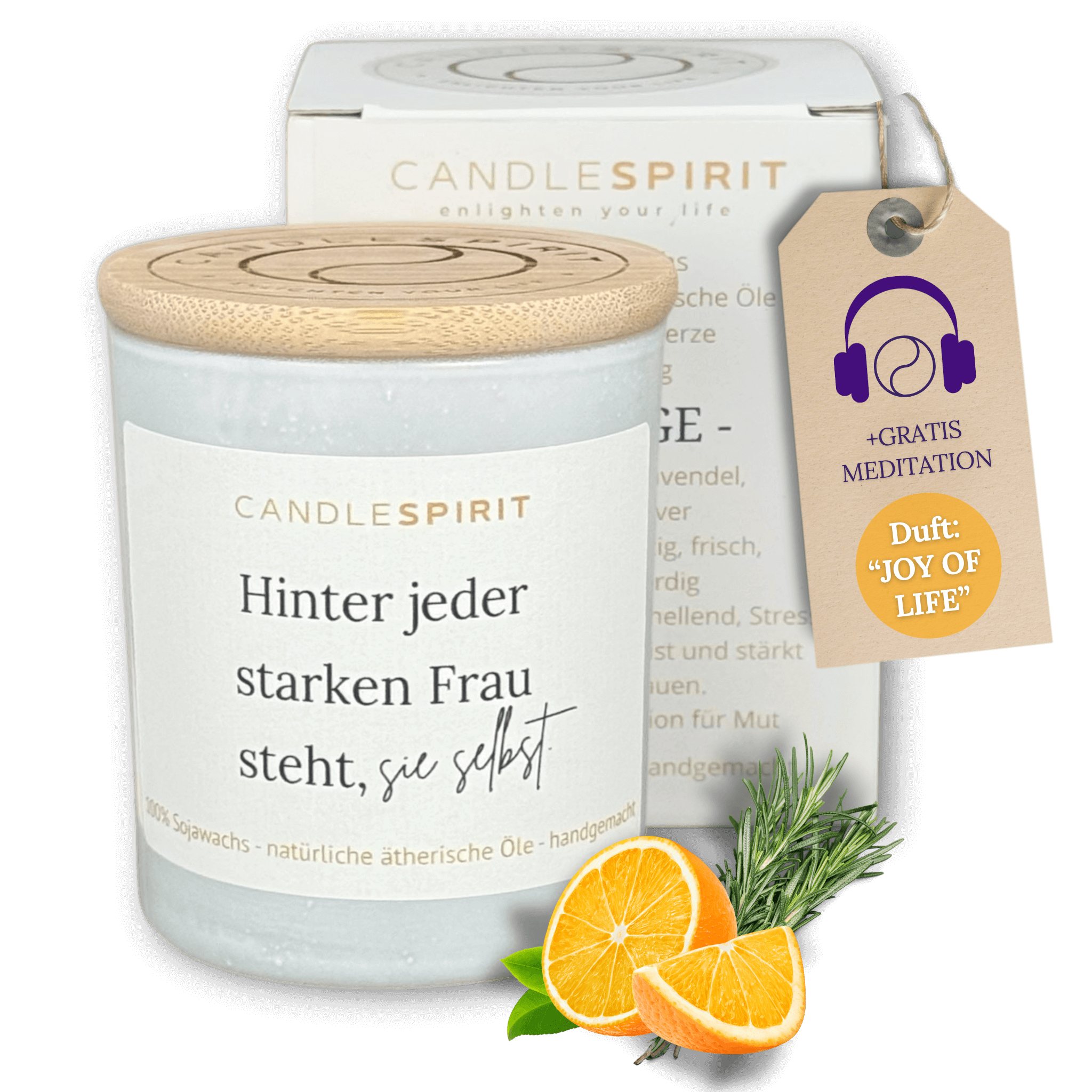 "Hinter jeder starken Frau steht sie selbst." | Aromatherapie Duftkerze & Gratis Meditation | Bio-Sojawachs