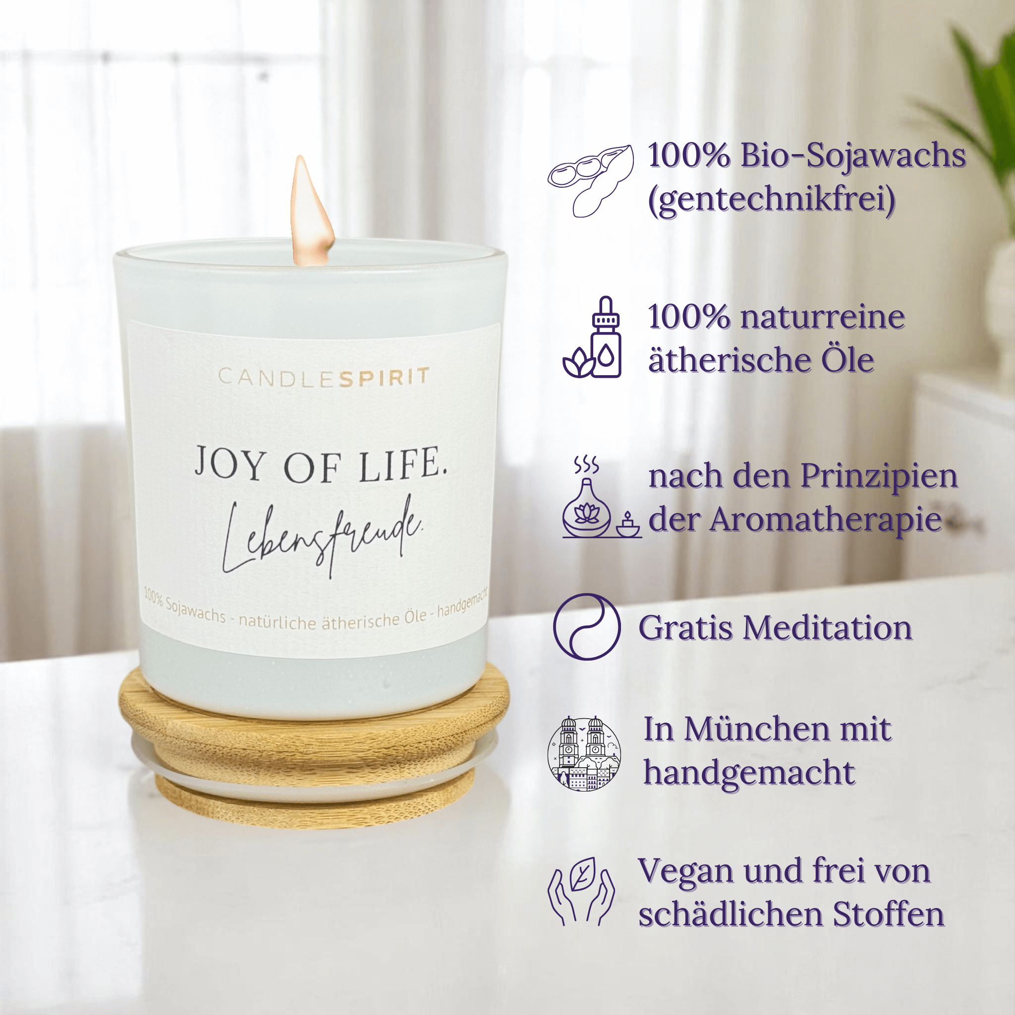 OUTLET – Aromatherapie Duftkerze | Duft JOY OF LIFE | Zitat "JOY OF LIFE. Lebensfreude" | Bio-Sojawachs | Gratis Meditation
