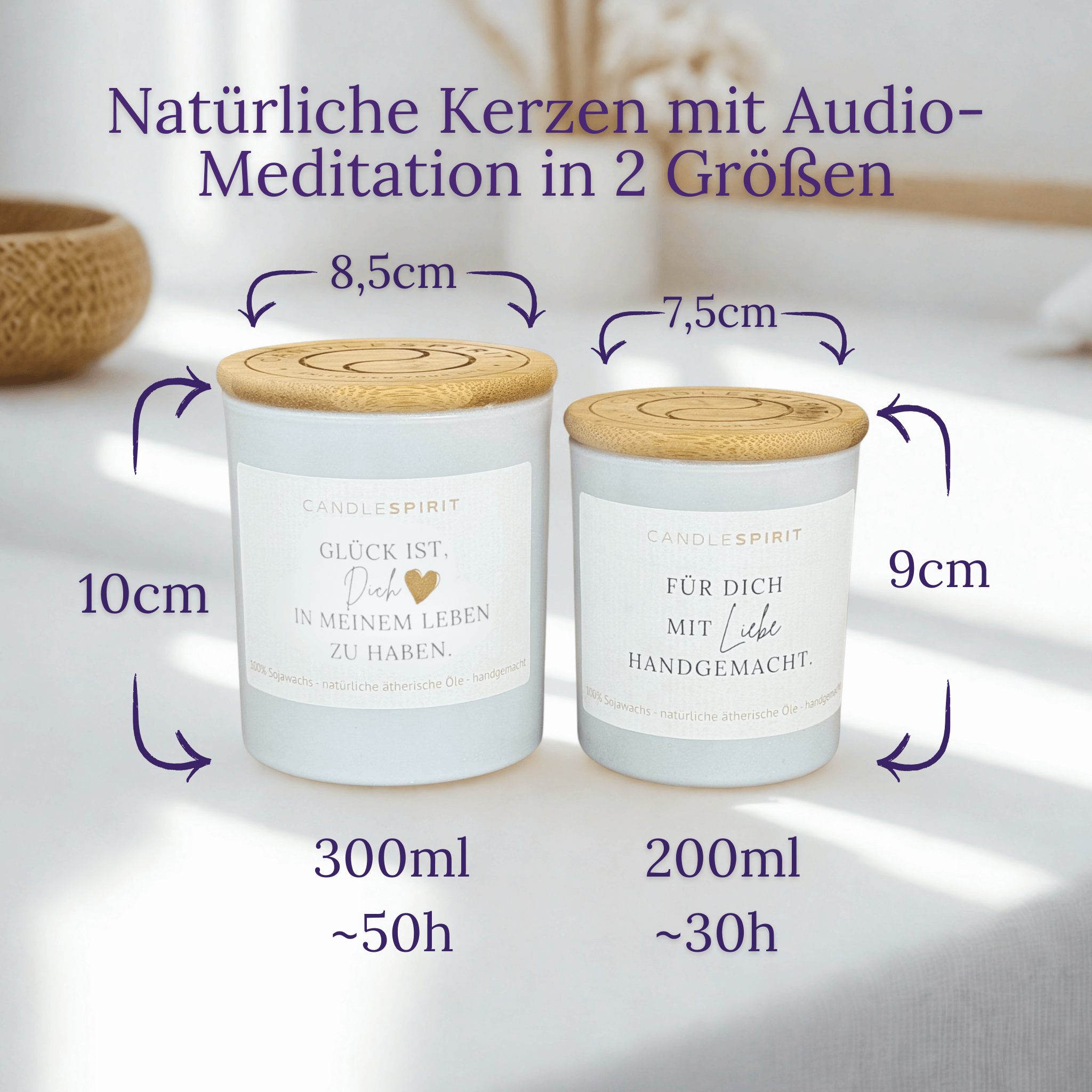 "Glück ist, dich in meinem Leben zu haben" | Duftkerze mit ätherischen Ölen & Audio-Meditation in 2 unterschiedlichen Größen