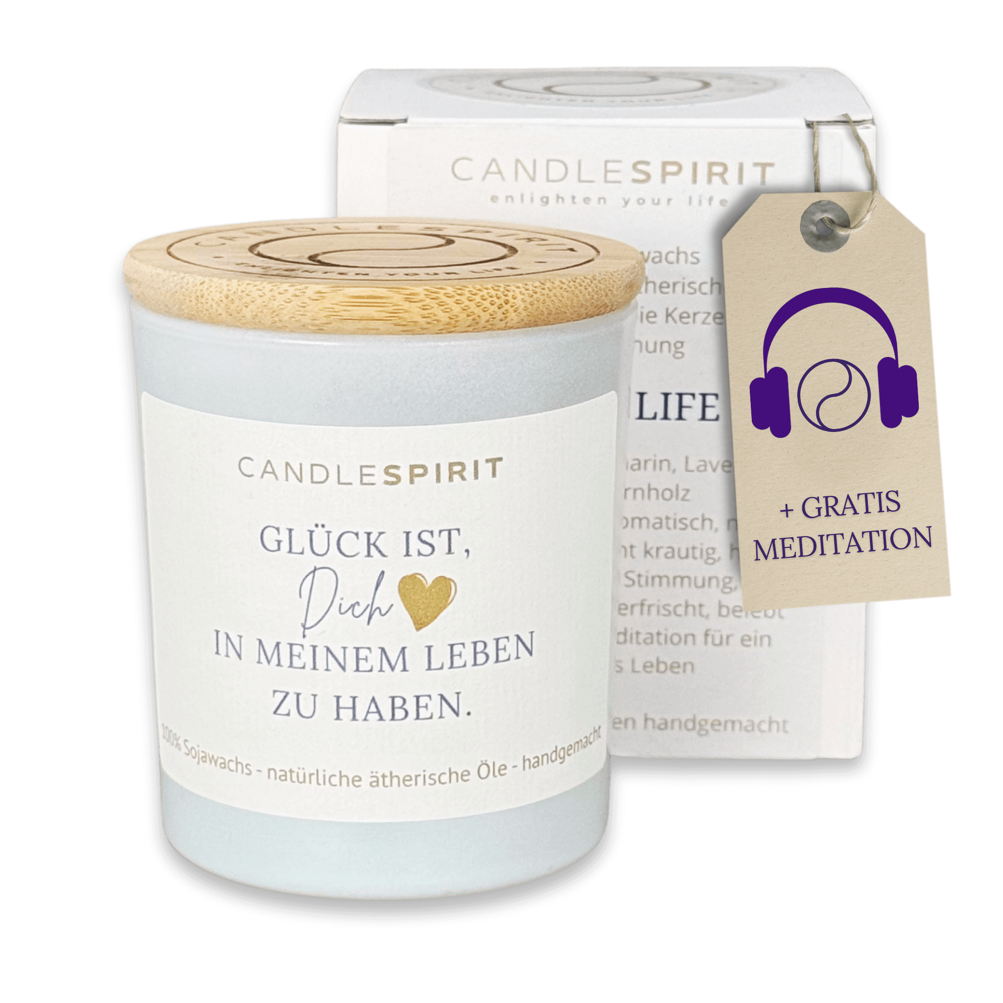 "Glück ist, dich in meinem Leben zu haben" | Duftkerze mit ätherischen Ölen & Audio-Meditation | mit verschiedenen Düfte