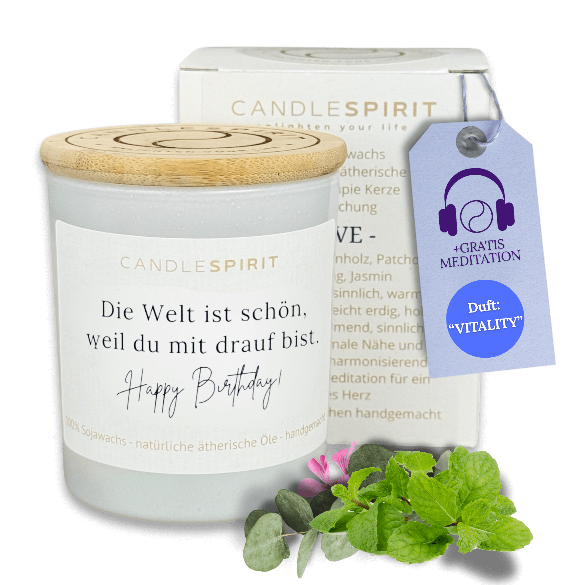 "Die Welt ist schön, weil Du mit drauf bist! Happy Birthday!" | Aromatherapie Duftkerze mit Meditation