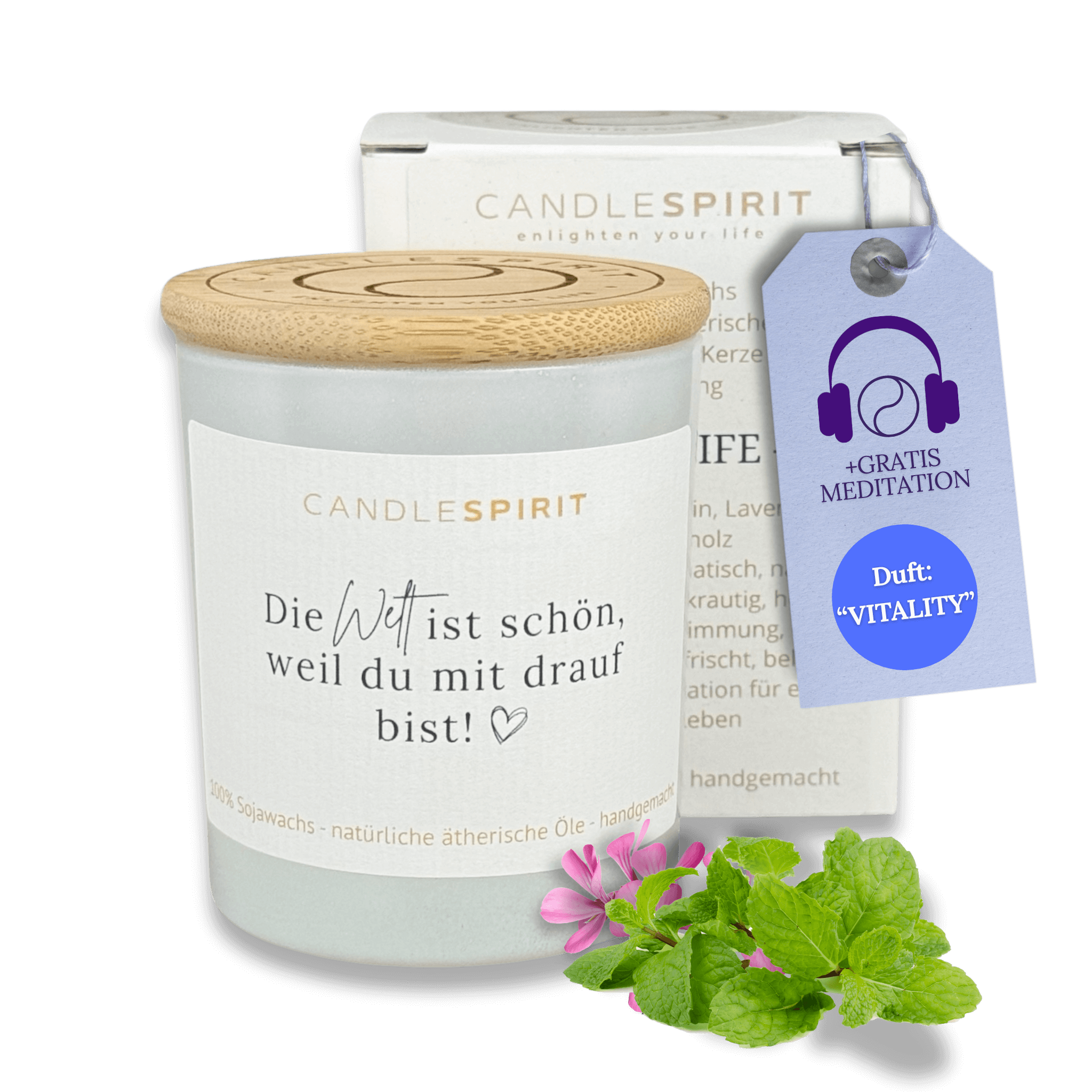 "Die Welt ist schön, weil Du mit drauf bist!" | Aromatherapie Duftkerze mit Meditation