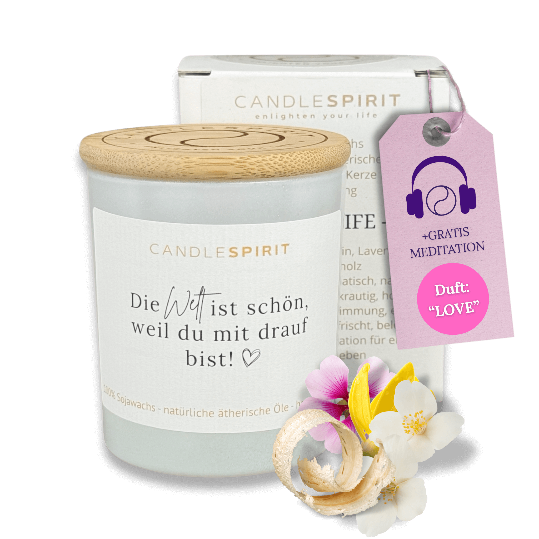 "Die Welt ist schön, weil Du mit drauf bist!" | Aromatherapie-Duftkerze mit Audio-Meditation