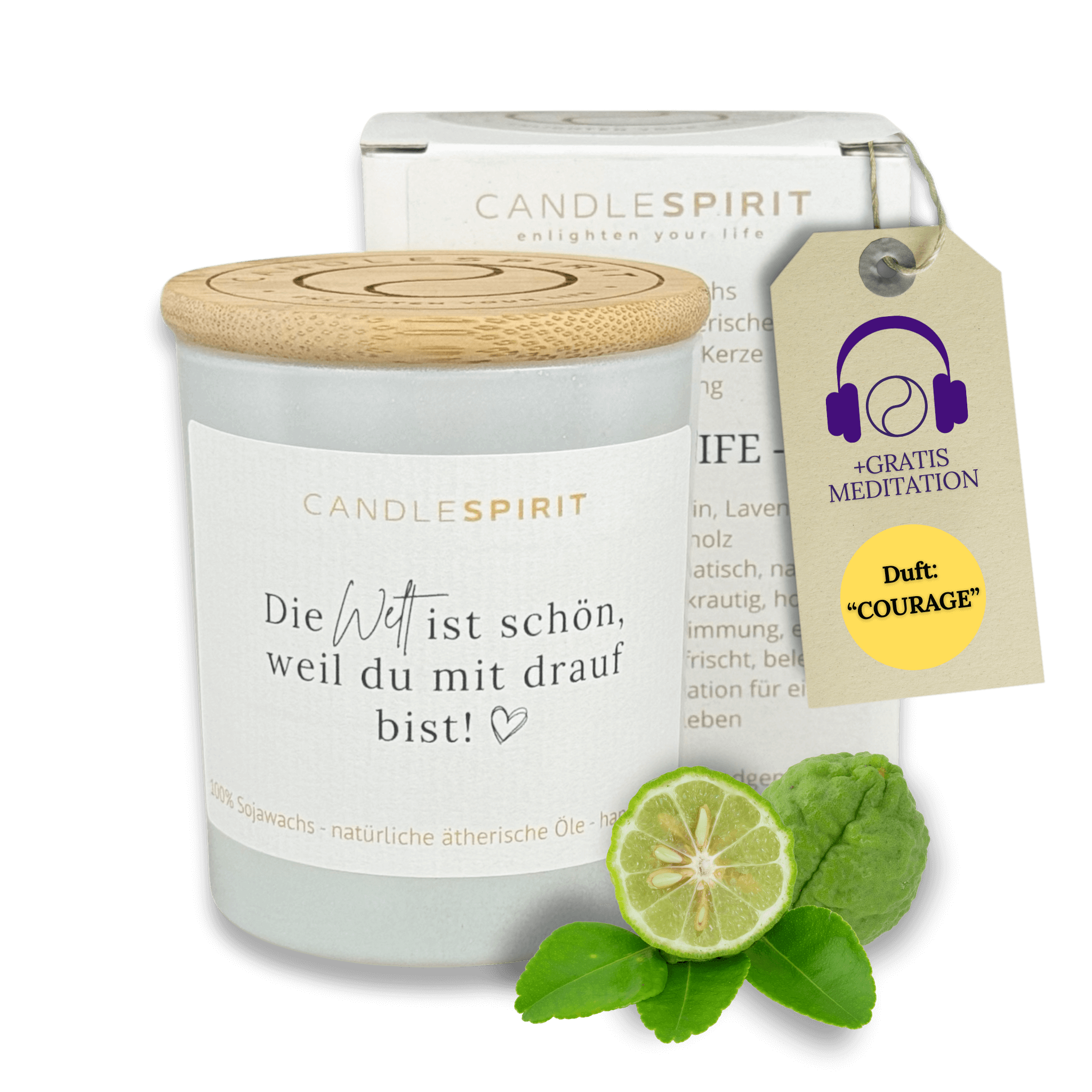 "Die Welt ist schön, weil Du mit drauf bist!" Duftkerze mit ätherischen Ölen & Audio-Meditation