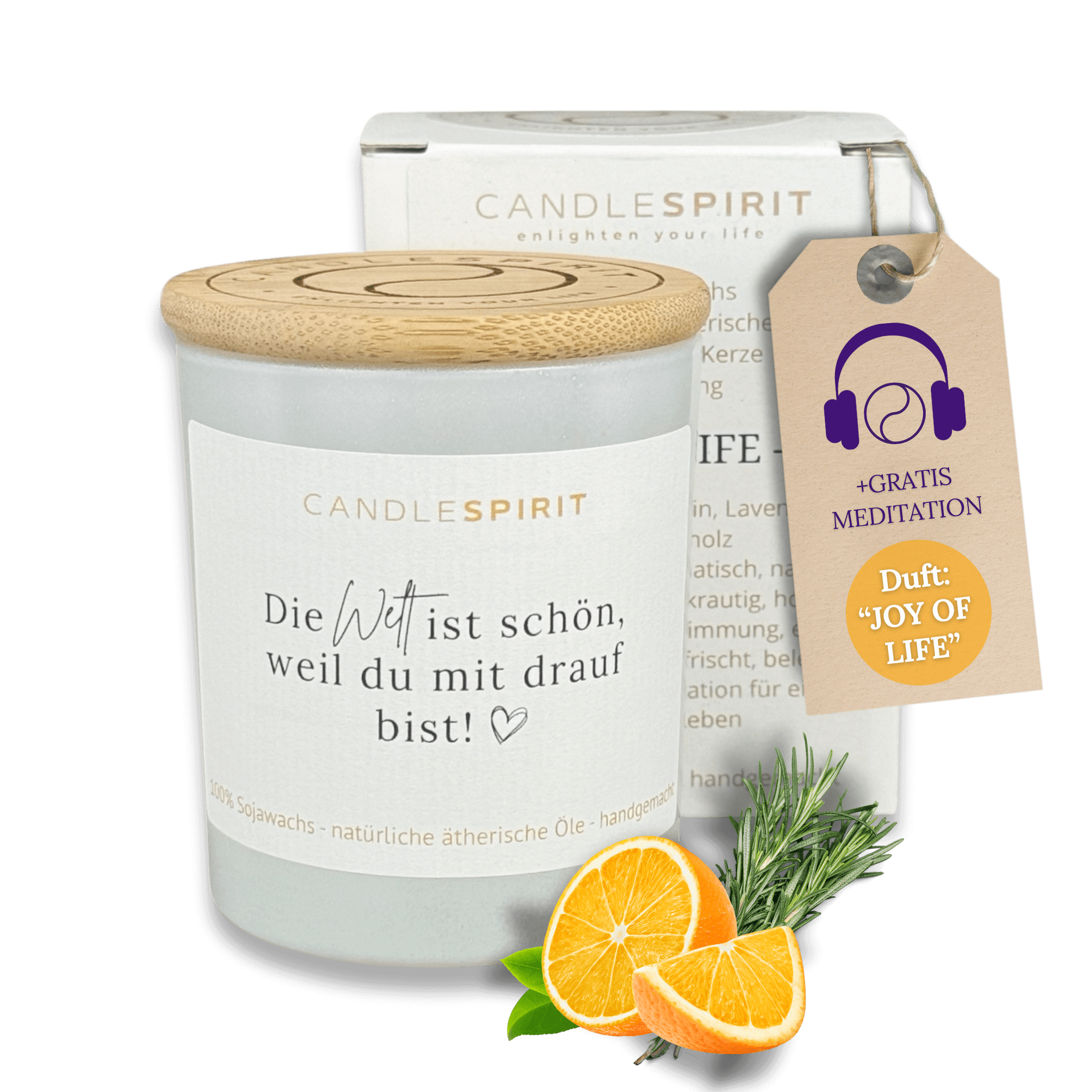 "Die Welt ist schön, weil Du mit drauf bist!" Duftkerze mit ätherischen Ölen & Audio-Meditation