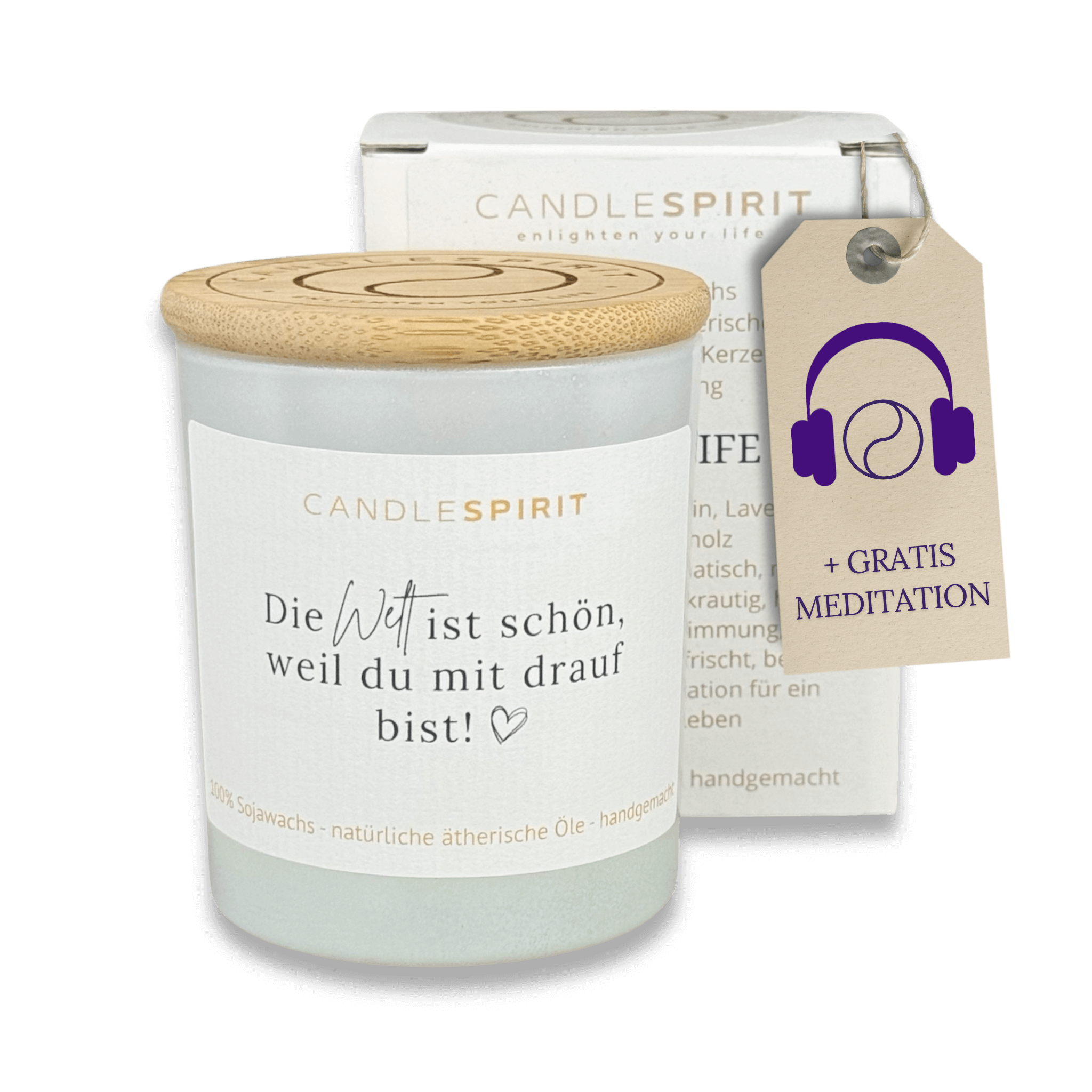 "Die Welt ist schön, weil Du mit drauf bist!" Duftkerze mit ätherischen Ölen & Audio-Meditation
