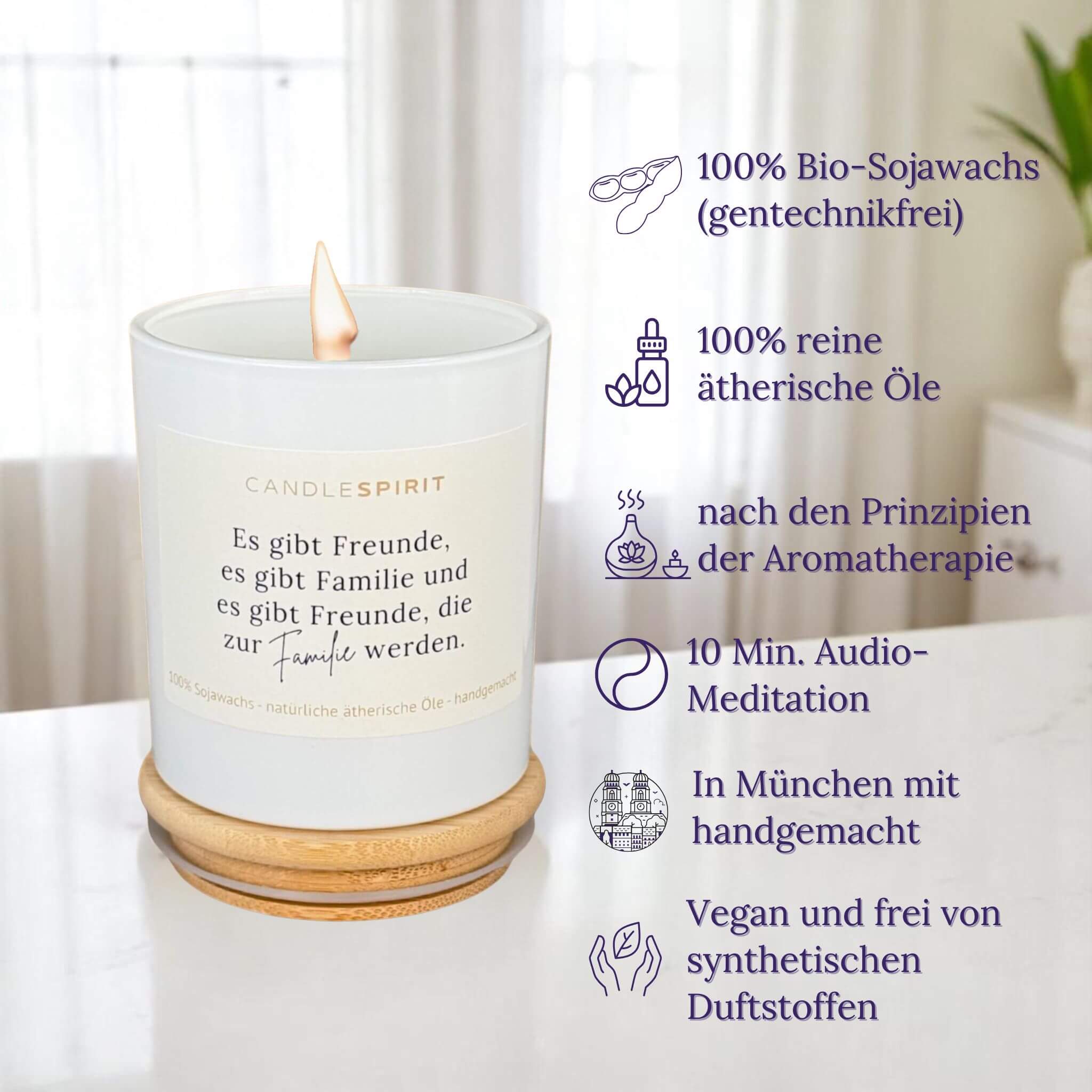 CANDLESPIRIT Duftkerze "Es gibt Freunde, es gibt Familie und es gibt Freunde, die zur Familie werden." mit ätherischen Ölen & Audio-Meditation. handgemacht in München