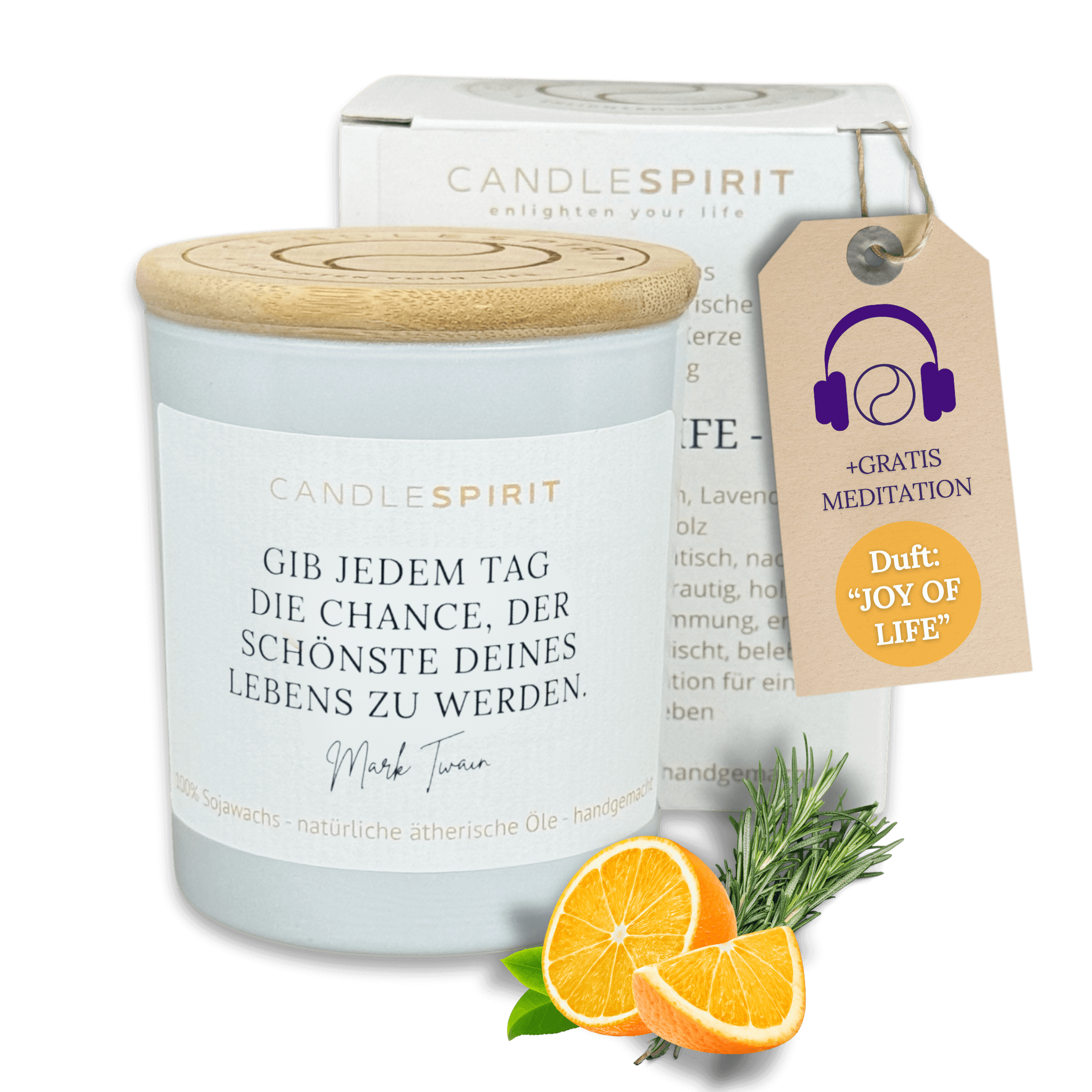 CANDLESPIRIT Duftkerze "Gib jedem Tag die Chance der Schönste... Mark Twain" mit ätherischen Ölen & Audio-Meditation Duftmischung JOY OF LIFE
