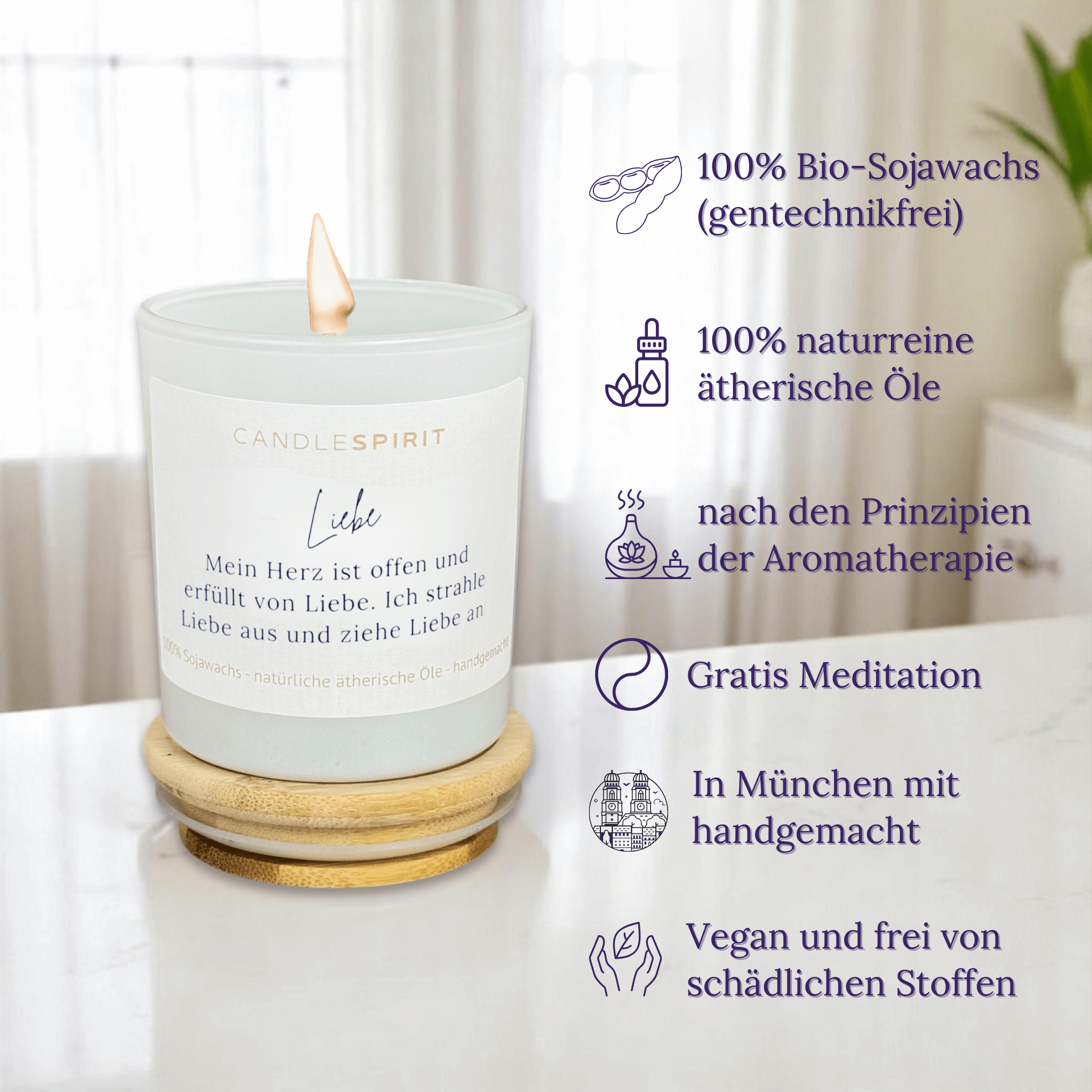 "Liebe, mein Herz ist offen und erfüllt von Liebe. Ich strahle Liebe aus und ziehe Liebe an." | Duftkerze mit ätherischen Ölen & Audio-Meditation