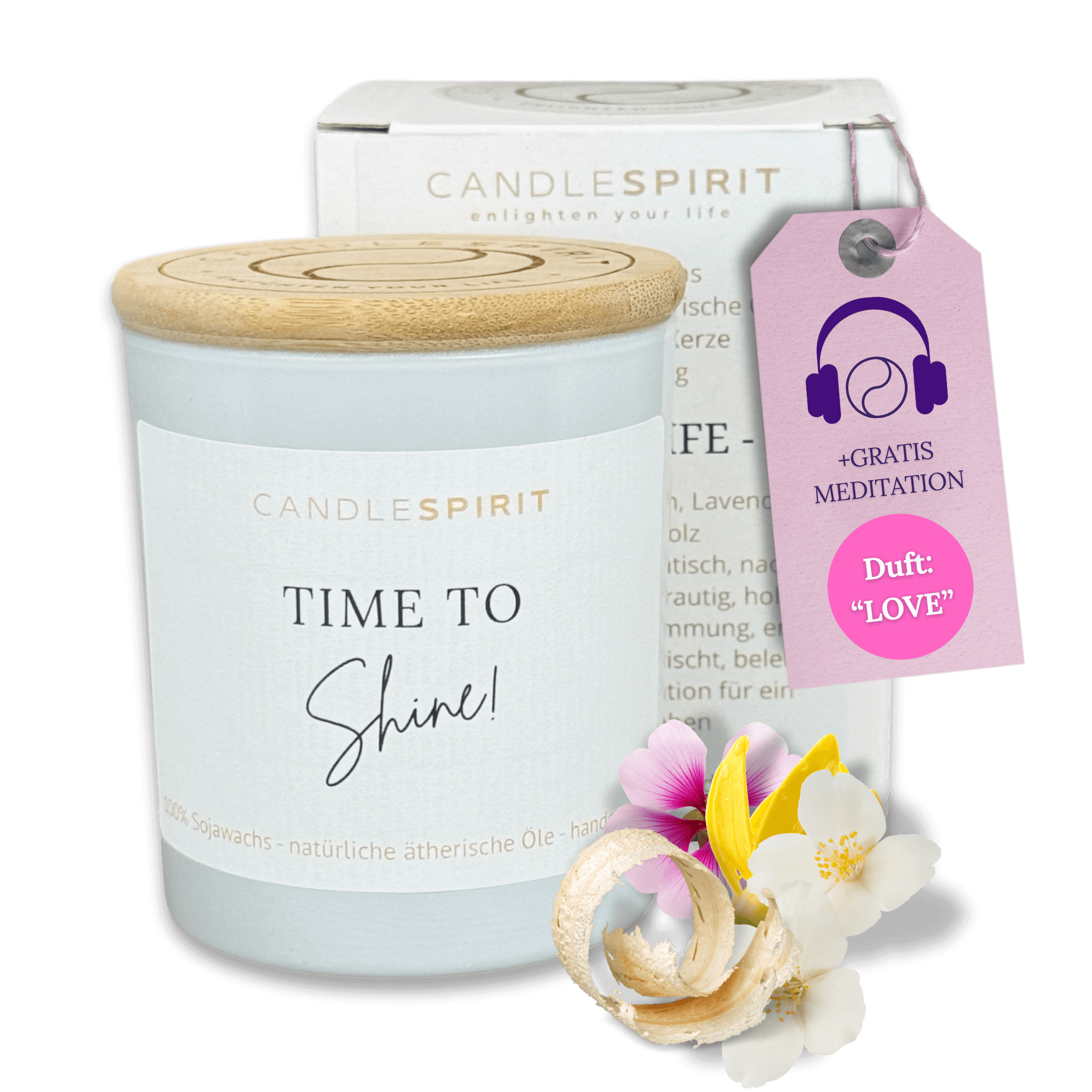 Duftkerze "Time to Shine!" mit reinen ätherischen Öle & Audio-Meditation, Duft LOVE