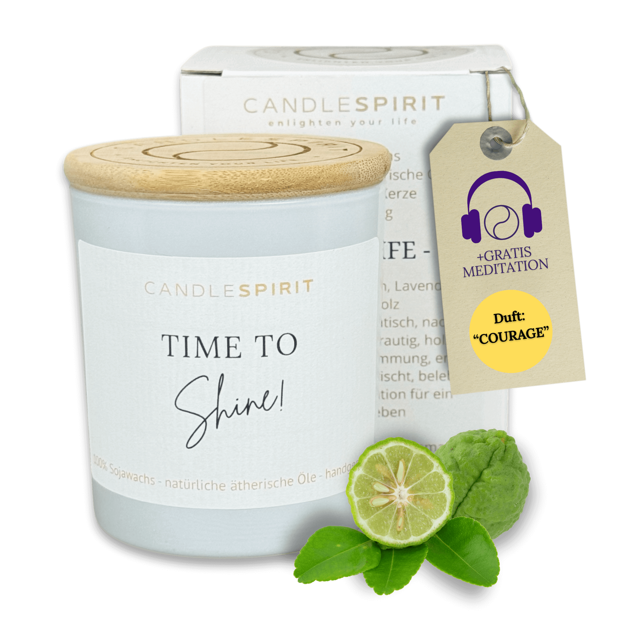 Duftkerze "Time to Shine!" mit reinen ätherischen Öle & Audio-Meditation, Duft COURAGE