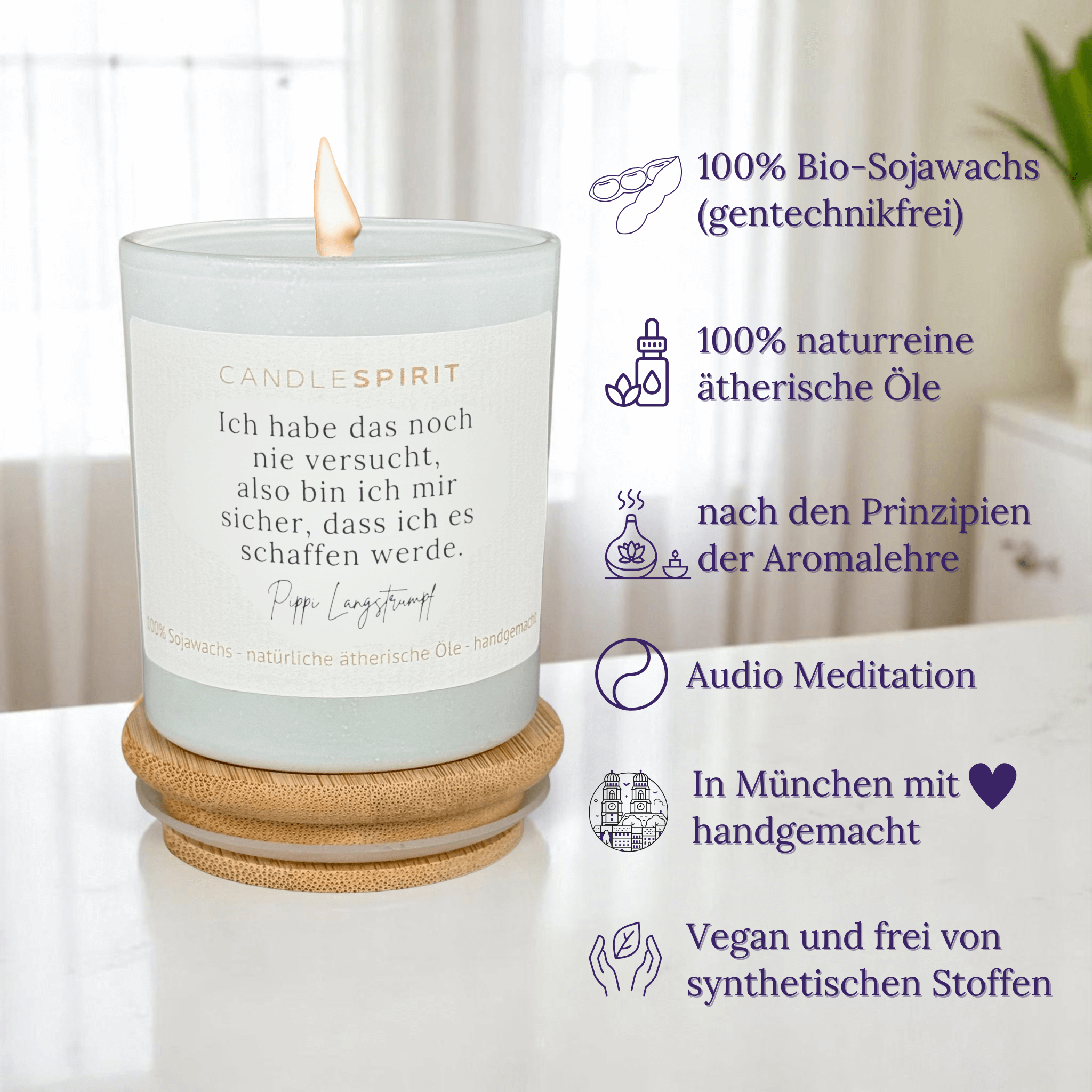 "Ich habe das noch nie vesucht, also bin ich mir sicher, dass ich es schaffen werde. Pippi Langstrumpf" | Aromatherapie Duftkerze & Gratis Meditation | Bio-Sojawachs