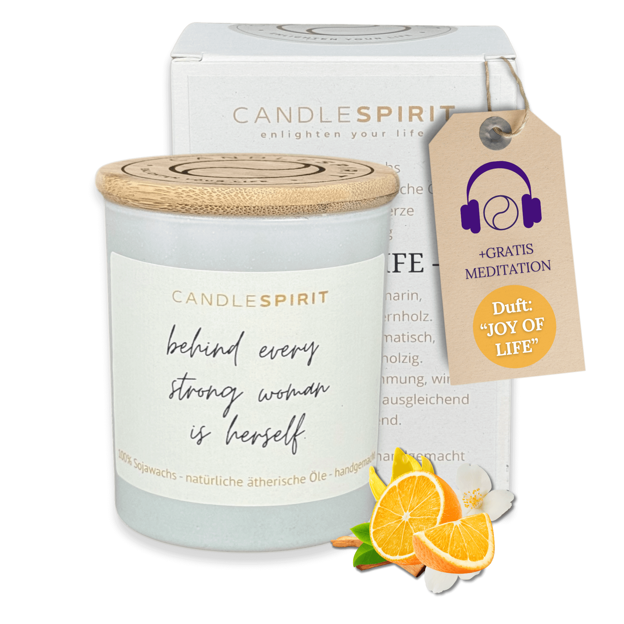 "behind every woman is herself." | Aromatherapie Duftkerze &  Gratis Meditation | Bio-Sojawachs