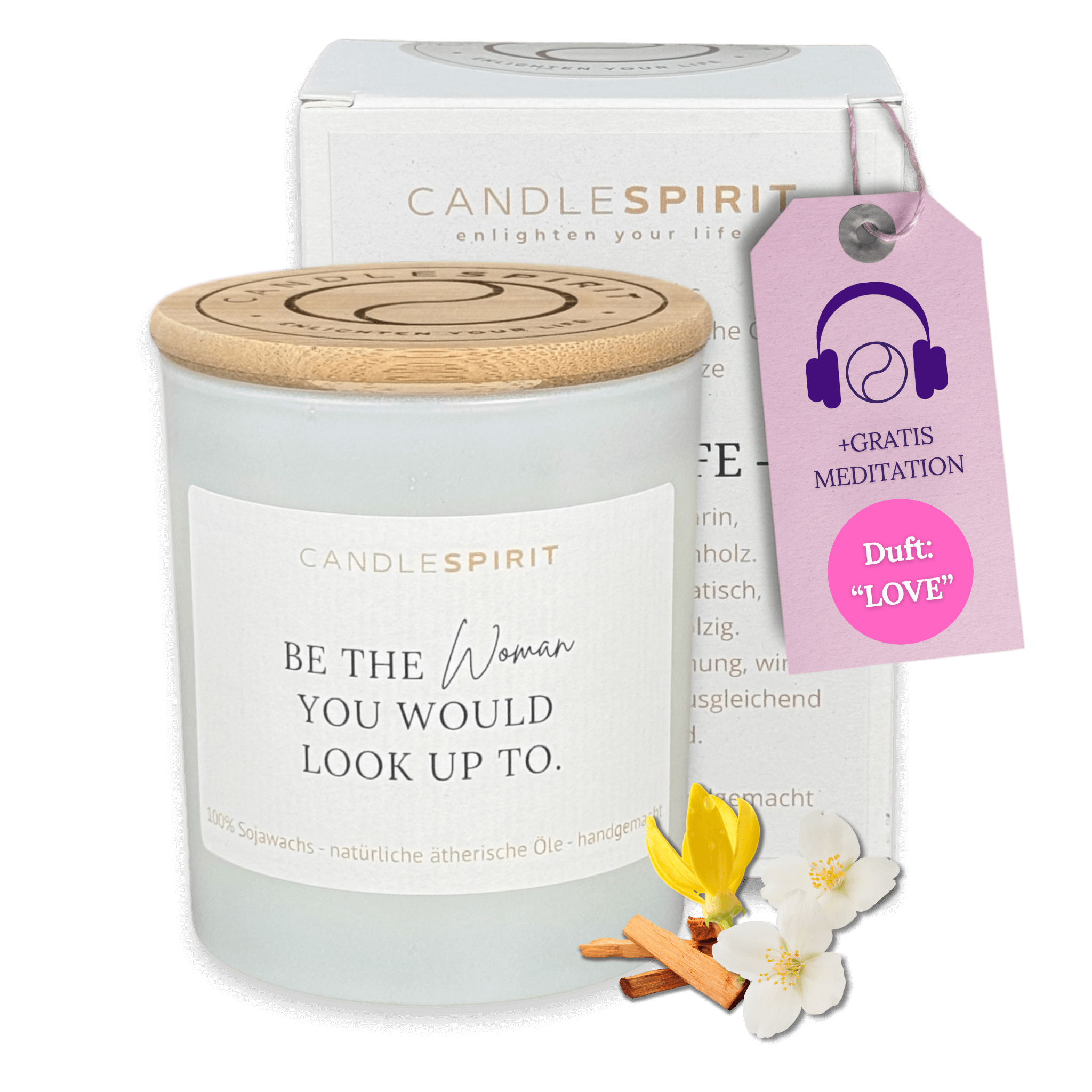 "Be the woman you would look up to." | Aromatherapie Kerze | Meditation passend je Duft im Bambusdeckel