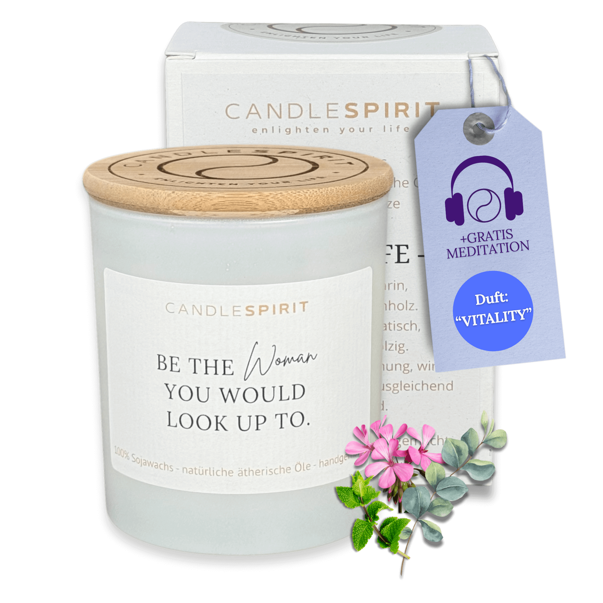 "Be the woman you would look up to." | Aromatherapie Kerze | Meditation passend je Duft im Bambusdeckel
