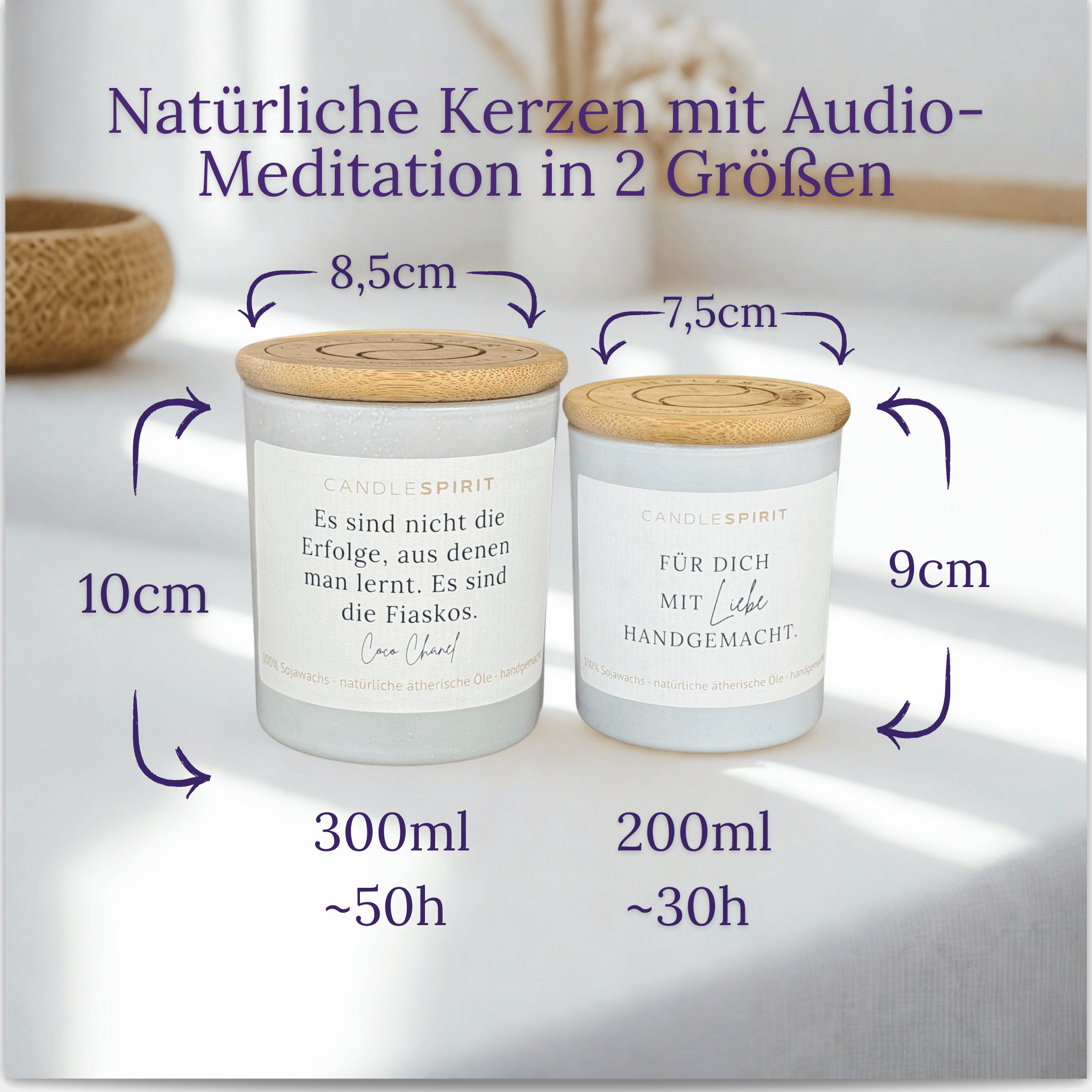 "Es sind nicht die Erfolge, aus denen man lernt, es sind die Fiaskos. Coco Chanel" | Duftkerze mit ätherischen Ölen & Audio-Meditation