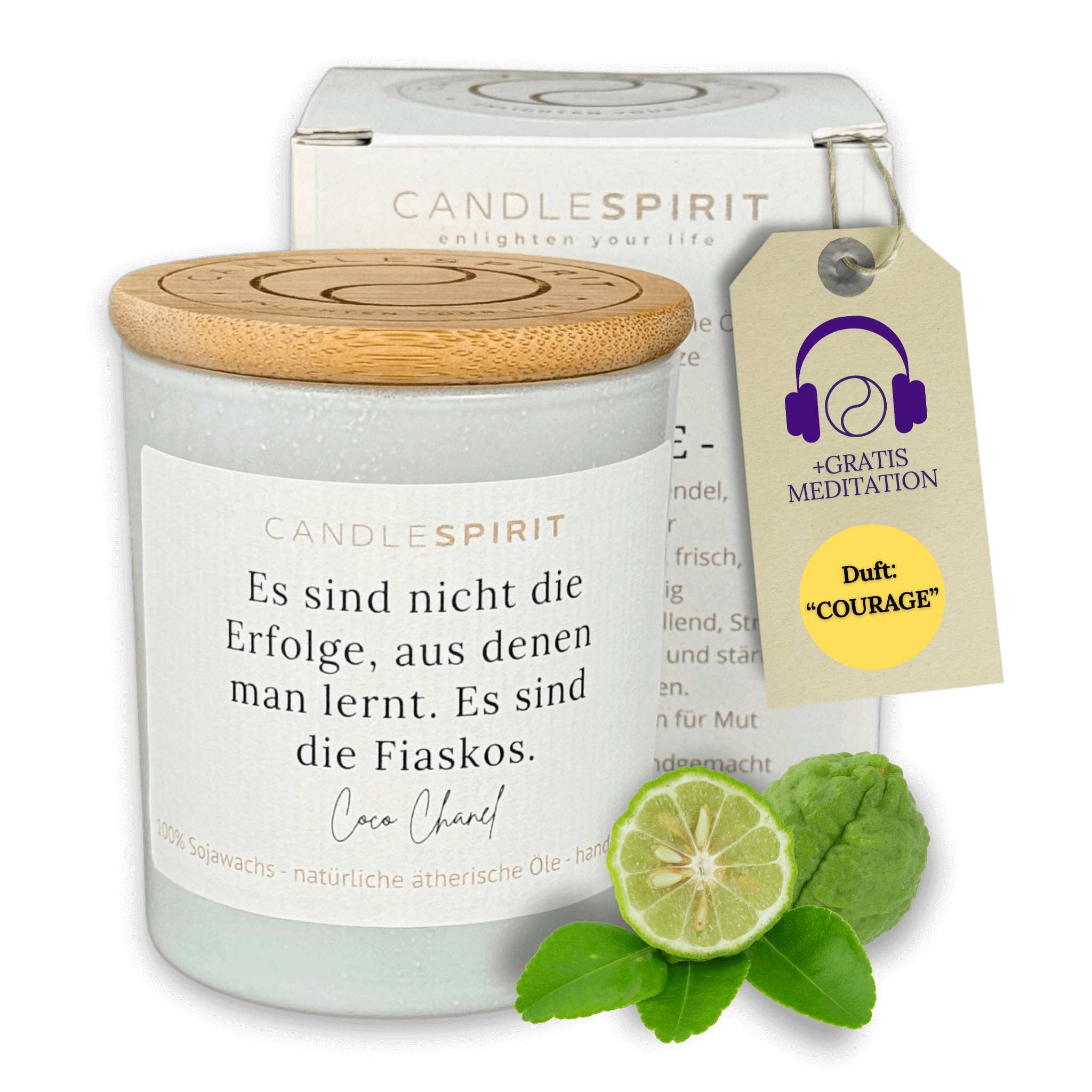 "Es sind nicht die Erfolge, aus denen man lernt, es sind die Fiaskos. Coco Chanel" | Duftkerze mit ätherischen Ölen & Audio-Meditation