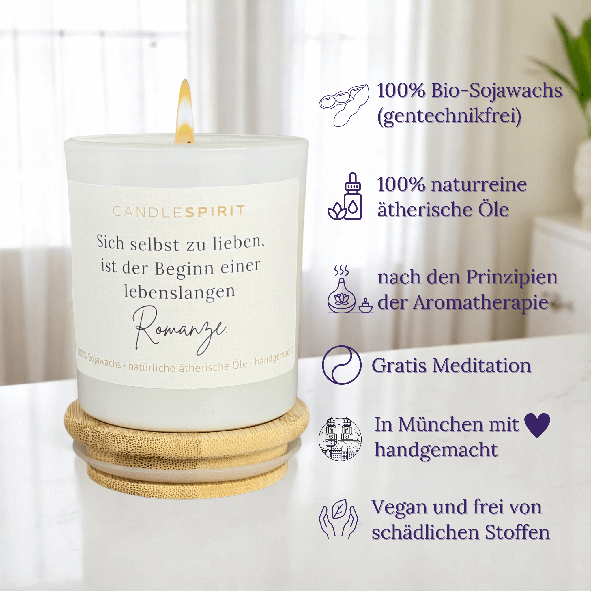 Das Besondere an der Duftkerze "Sich selbst zu lieben ist der Beginn einer lebenslangen Romanze." mit ätherischen Ölen & Audio-Meditation