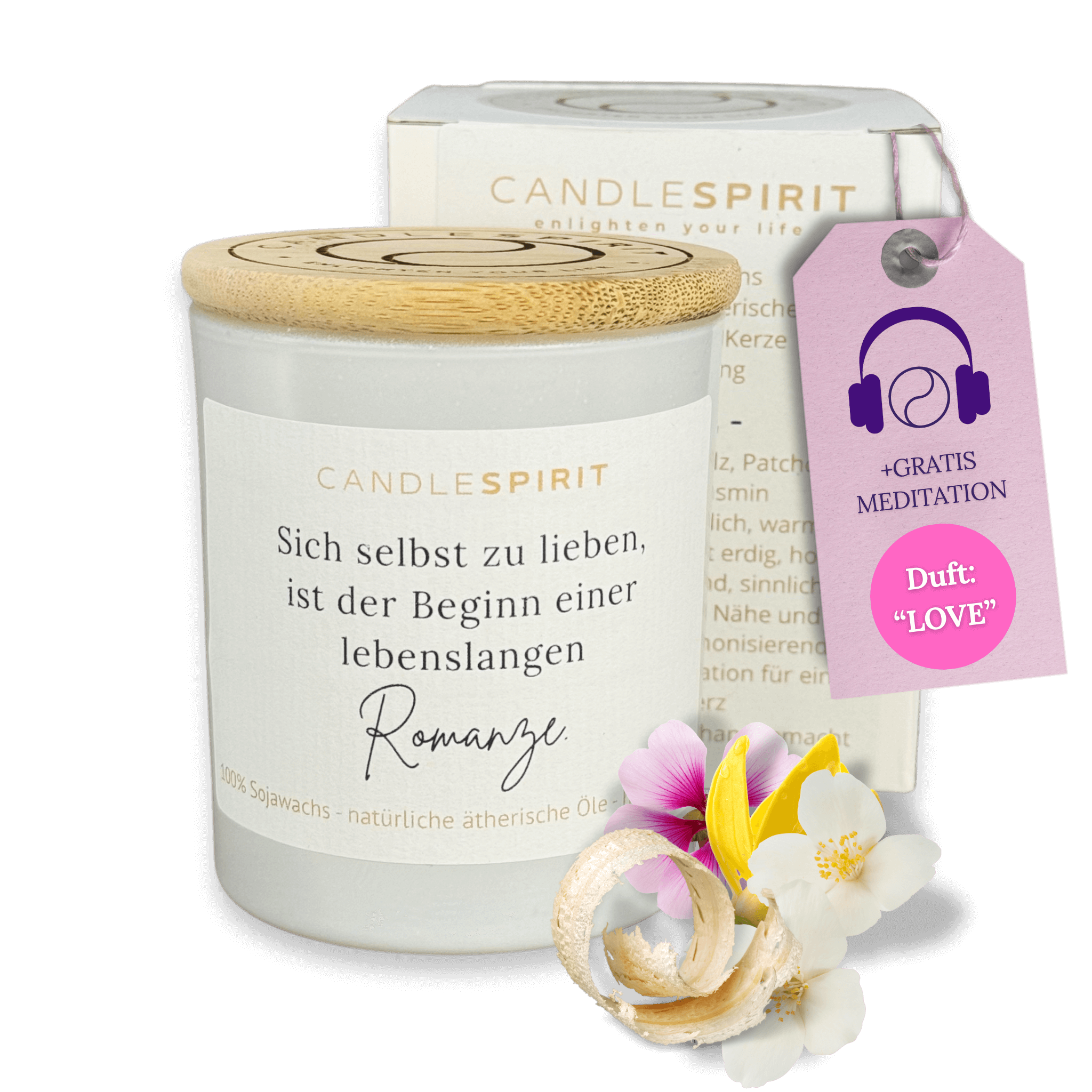 "Sich selbst zu lieben ist der Beginn einer lebenslangen Romanze." | Duftkerze mit ätherischen Ölen & Audio-Meditation