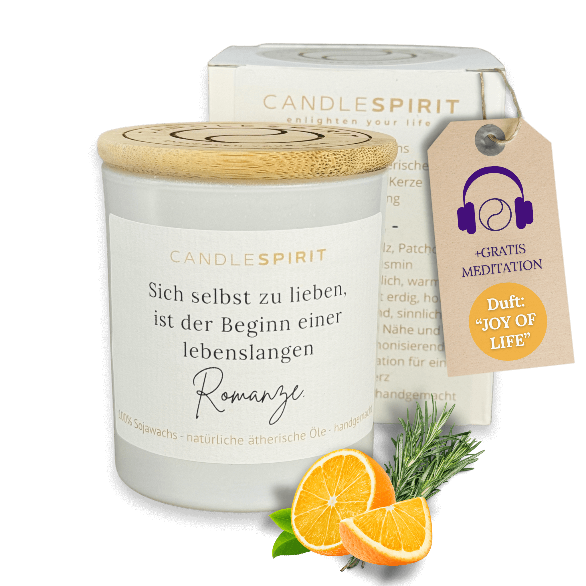 Duftkerze "Sich selbst zu lieben ist der Beginn einer lebenslangen Romanze." mit ätherischen Ölen & Audio-Meditation | Duft JOY OF LIFE für good vibes