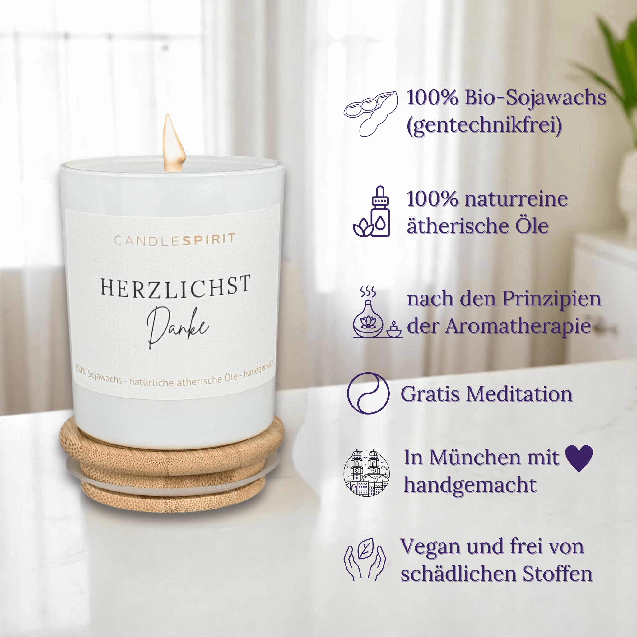 OUTLET – limitierte Edition: Aromatherapie Duftkerze | Duft JOY OF LIFE | Zitat: "Herzlichst Danke" | Bio-Sojawachs | Gratis Meditation