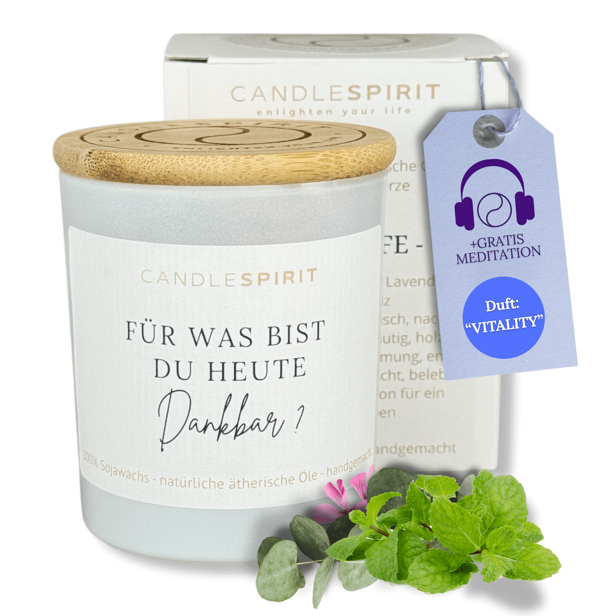 "Für was bist du heute dankbar?" | Aromatherapie Duftkerze & Gratis Meditation | Bio-Sojawachs