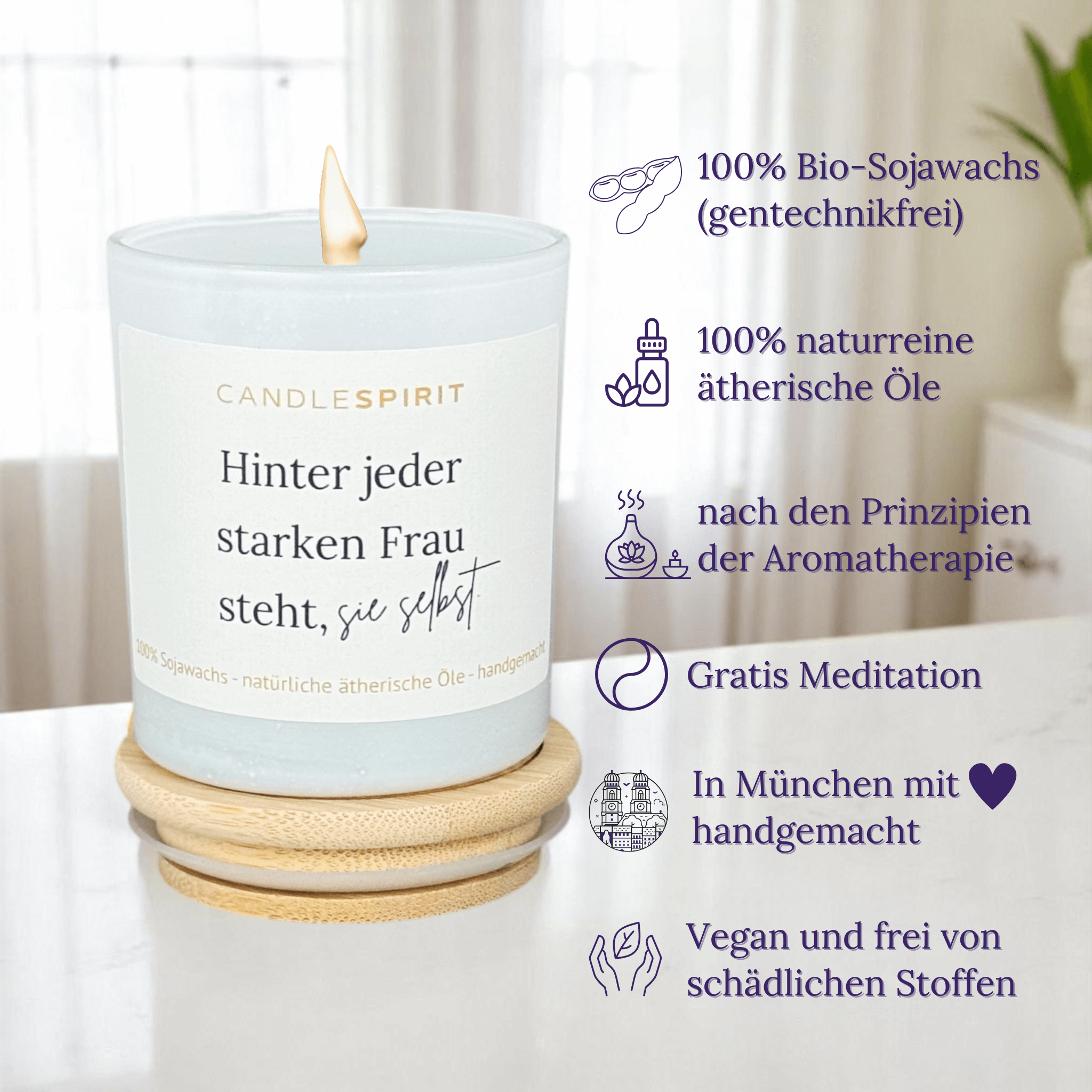 "Hinter jeder starken Frau steht sie selbst." | Aromatherapie Duftkerze & Gratis Meditation | Bio-Sojawachs