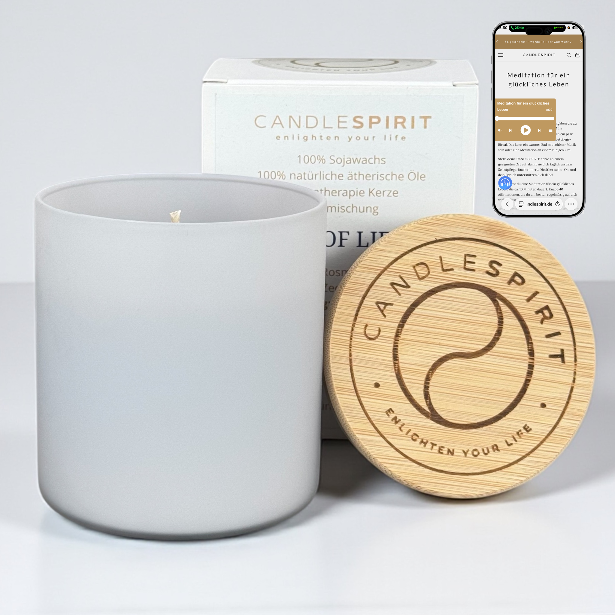 Sonderedition Duftkerze Grey mit dem Duft "JOY OF LIFE" mit ätherischen Ölen & Audio-Meditation | 60h Brennfreude