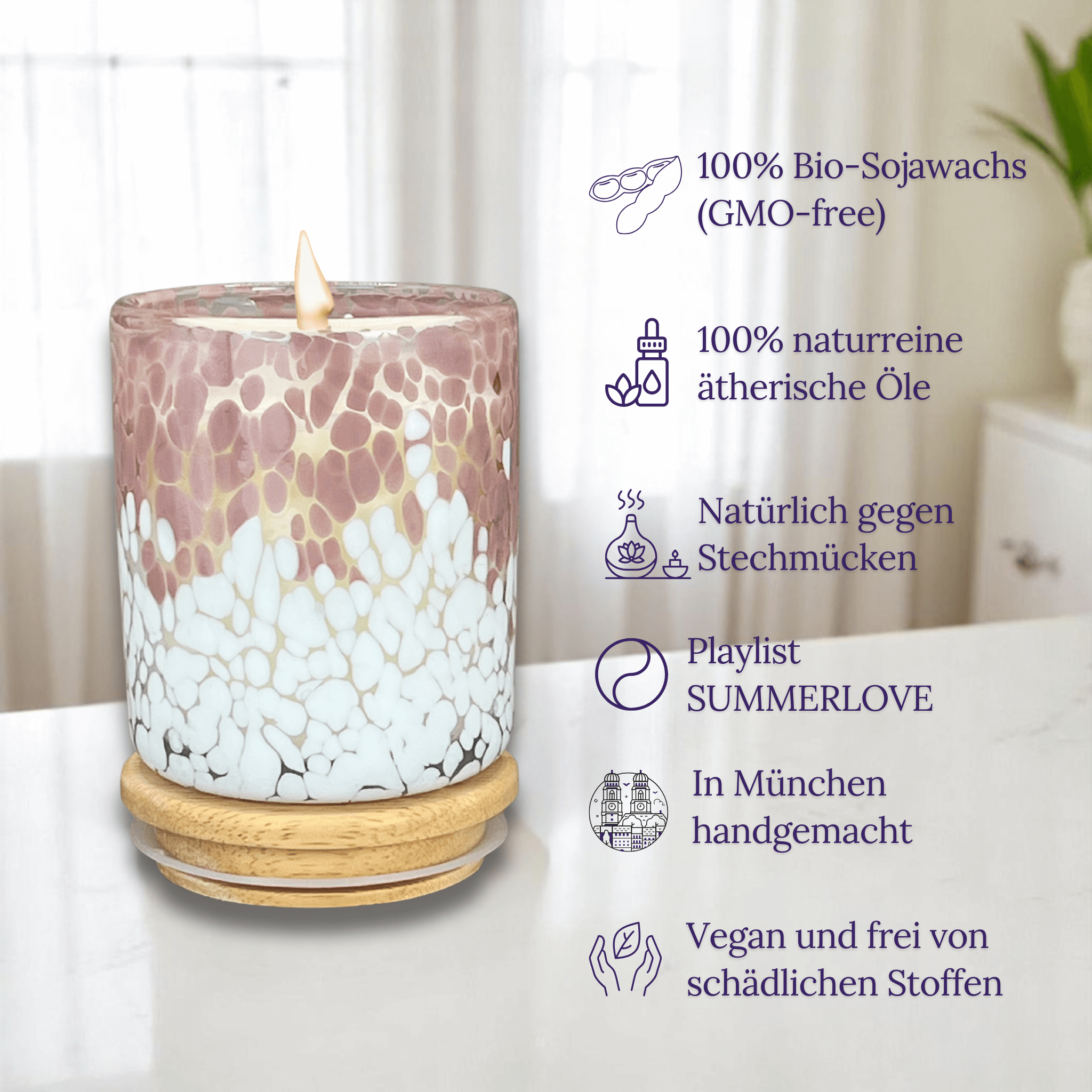 SUMMERLOVE Rose-Dots | Die Duftkerze für stilvolle Sommerabende | Bio-Sojawachs & reine ätherische Öle Citronella und Lemongrass | 50h
