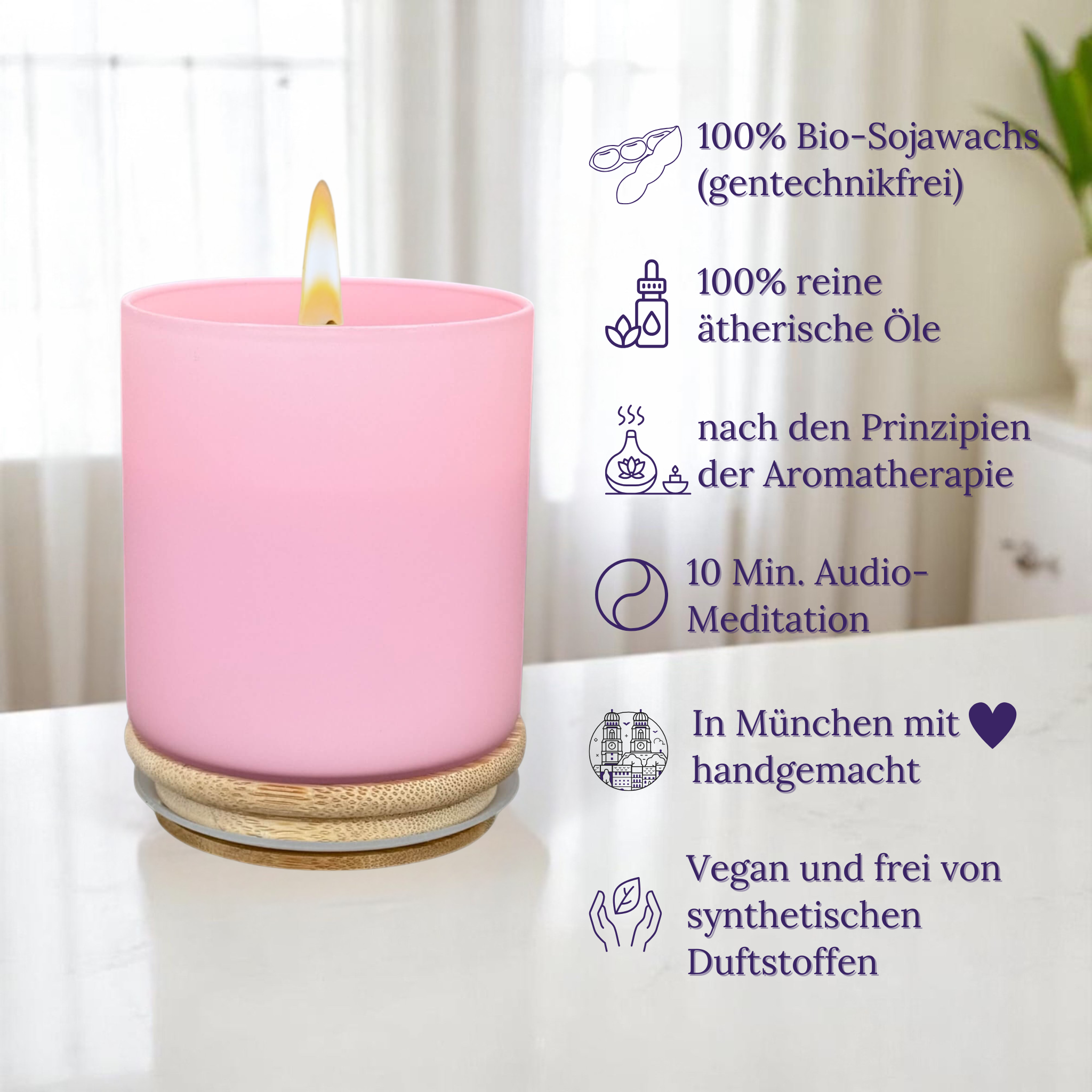 Duftkerze Rosé mit dem Duft "JOY OF LIFE" aus Orangen & Rosmarin 60h Brennfreude & Audio-Meditation