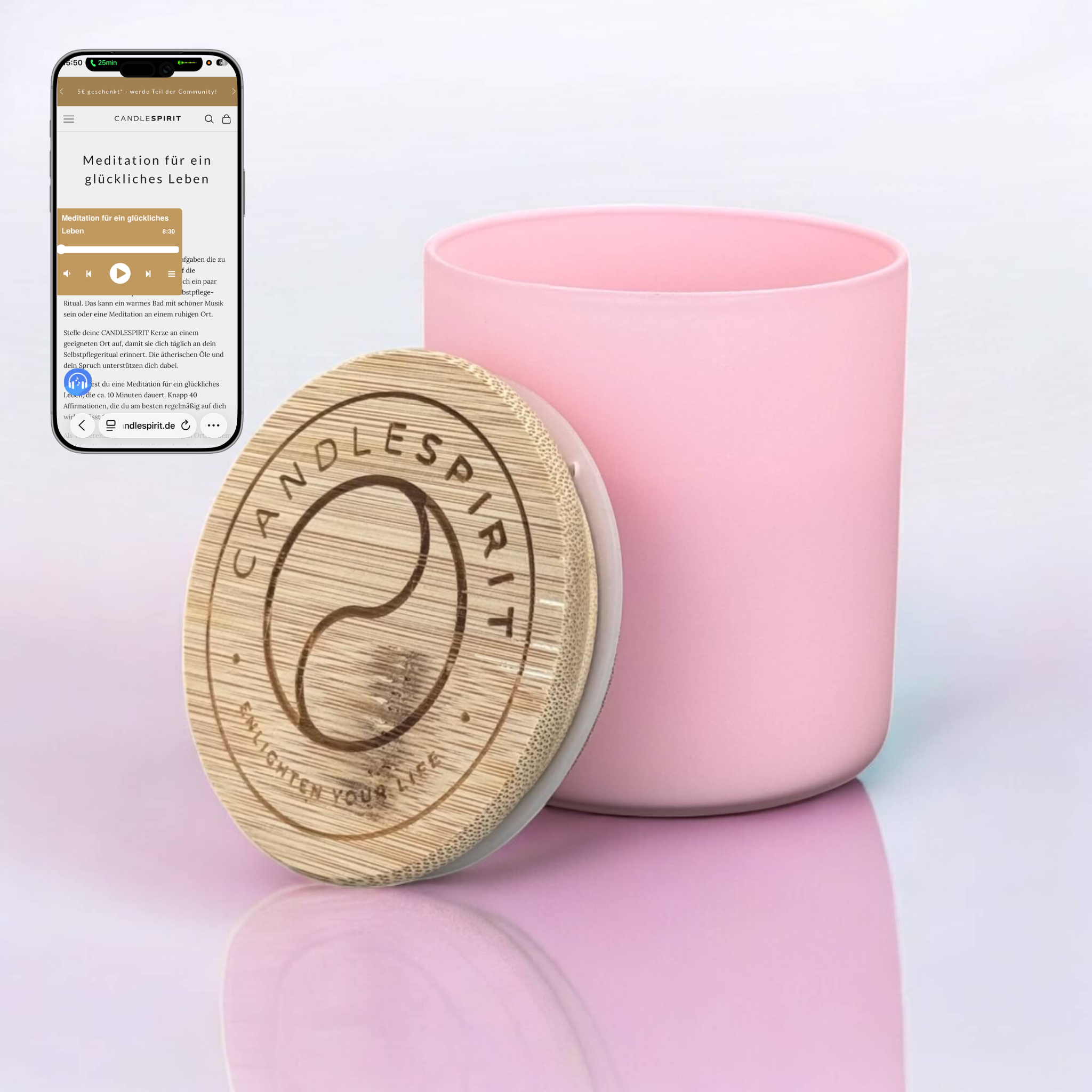 Duftkerze Rosé mit dem Duft "JOY OF LIFE" aus Orangen & Rosmarin 60h Brennfreude & Audio-Meditation