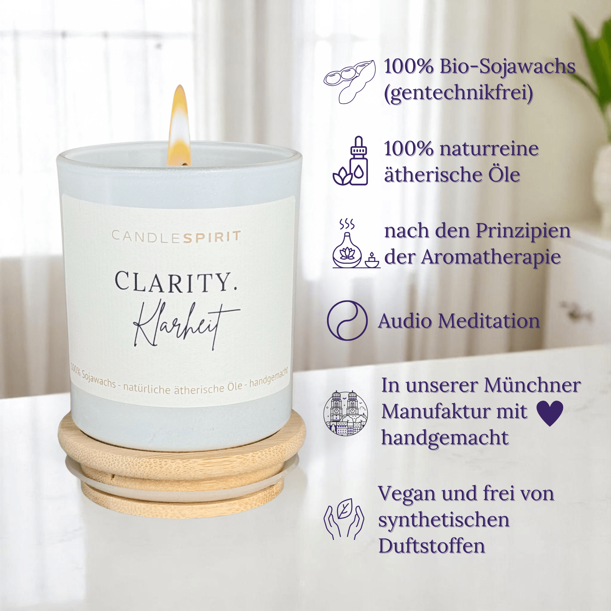 CANDLESPIRIT Duftkerze mit Pfefferminz, Eukalyptus und der Aufschift "CLARITY.Klarheit". USPs