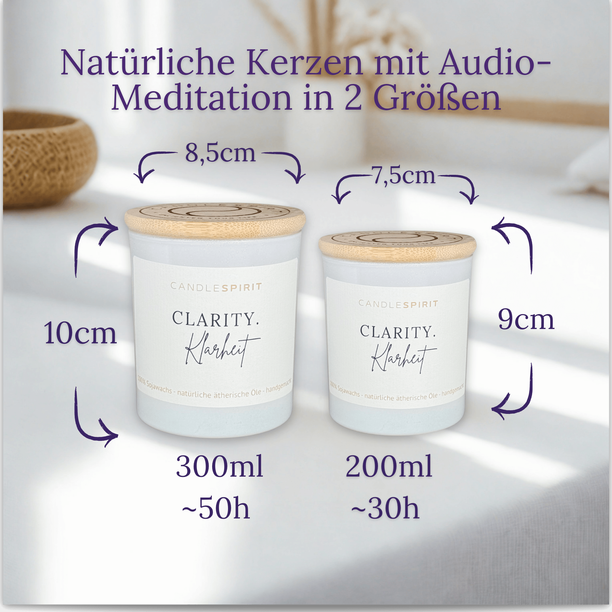 CANDLESPIRIT Duftkerze mit Pfefferminz, Eukalyptus und der Aufschift "CLARITY.Klarheit" in 2 Größen