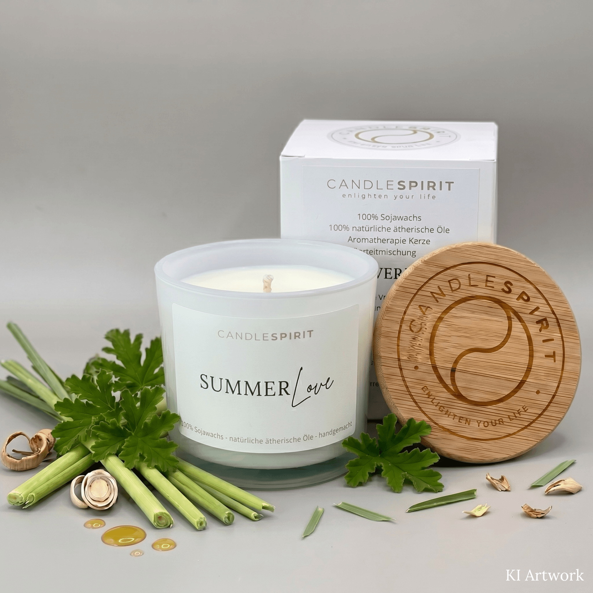 Duftkerze CANDLESPIRIT SUMMERLOVE mit natürlichem Lemongras und Zitronella. KI unterstützt.