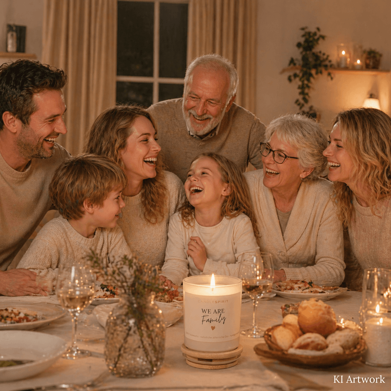 Duftkerze mit Aufdruck "We are Family" steht auf dem Tisch mit versammelter Familie drumherum. KI unterstütztes Moodbild