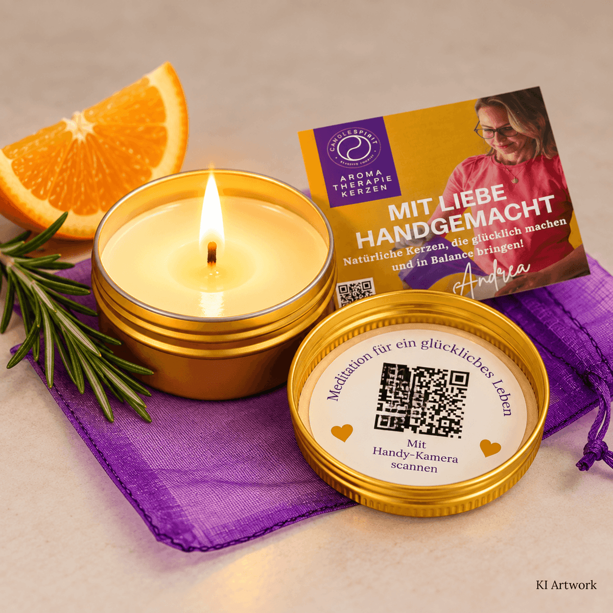 JOY OF LIFE Reisekerze mit QR Code zur Audio-Meditation .KI Artwork mit Orange und Rosmarin