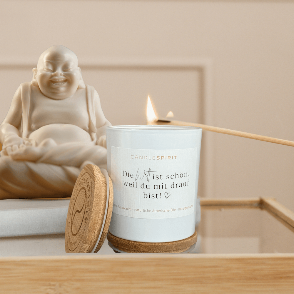 CANDLESPIRIT Aromatherapie Duftkerze "Die Welt ist schön, weil Du mit drauf bist! Bild 2