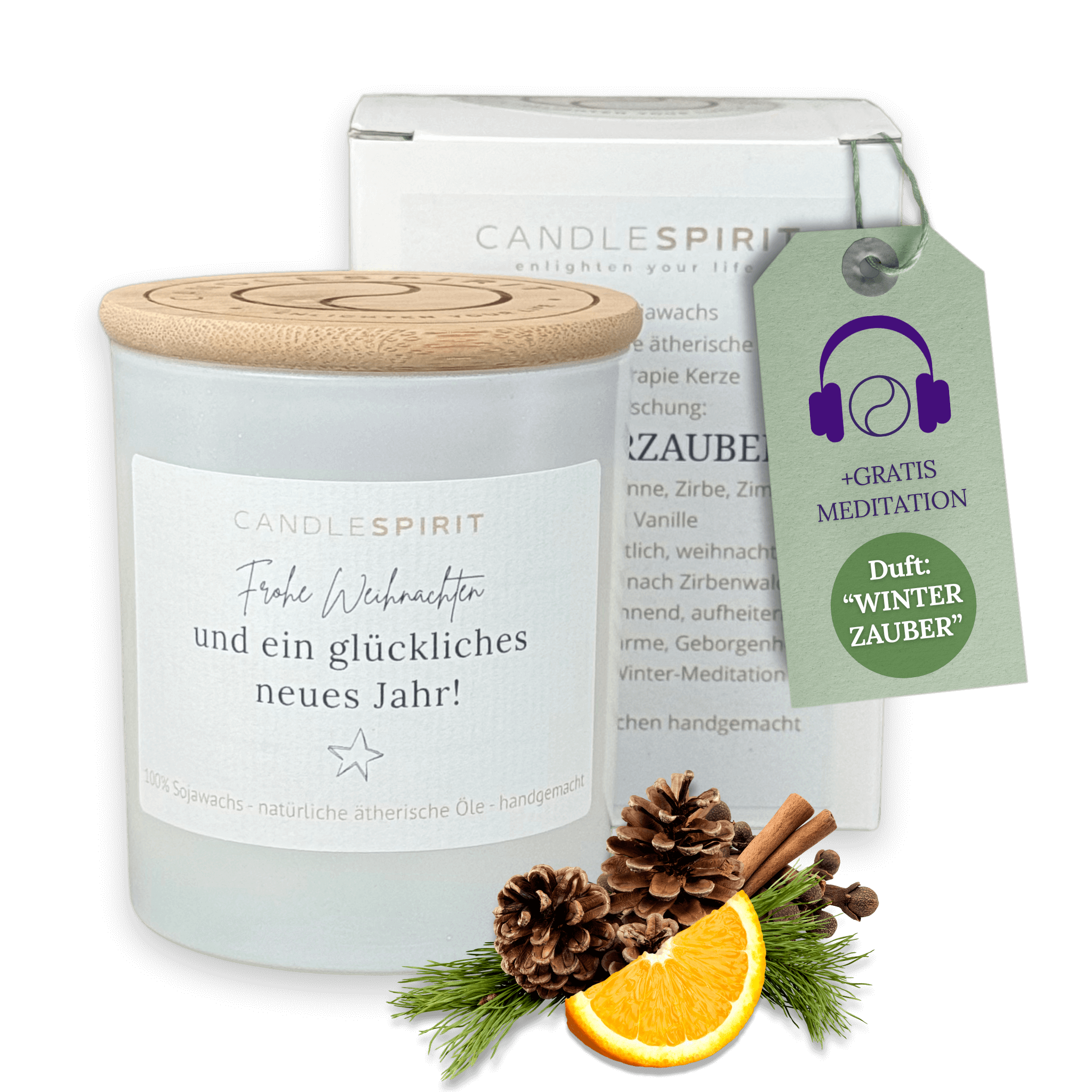 "Frohe Weihnachten und ein glückliches neues Jahr" | WINTERZAUBER Duftkerze mit ätherischen Ölen & Audio-Meditation (Kopie)