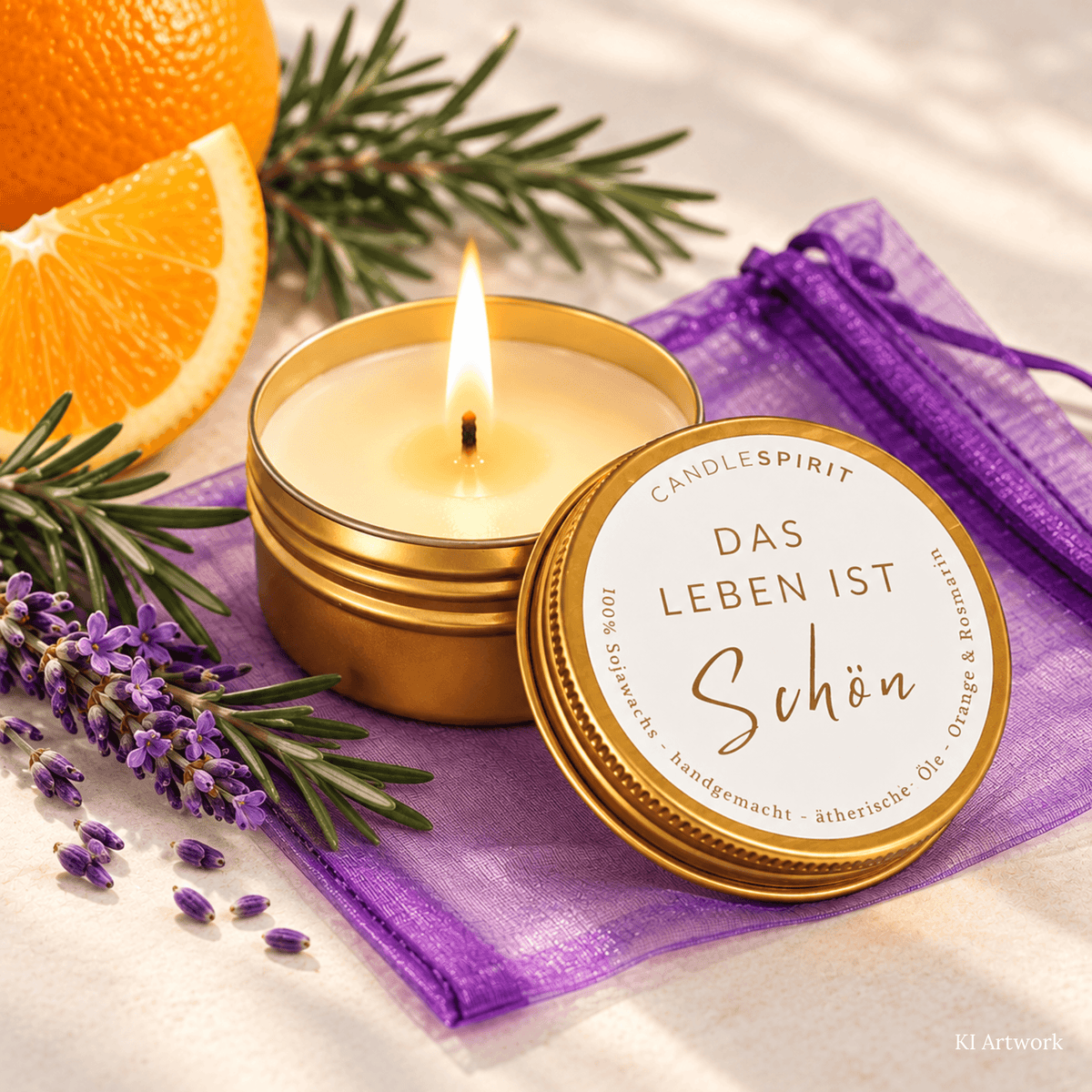 Audio-Duftkerze Reisegröße mit dem Zitat "Das Leben ist schön" mit ätherischen Ölen & Audio-Meditation 50ml | ~8-9h Brennfreude