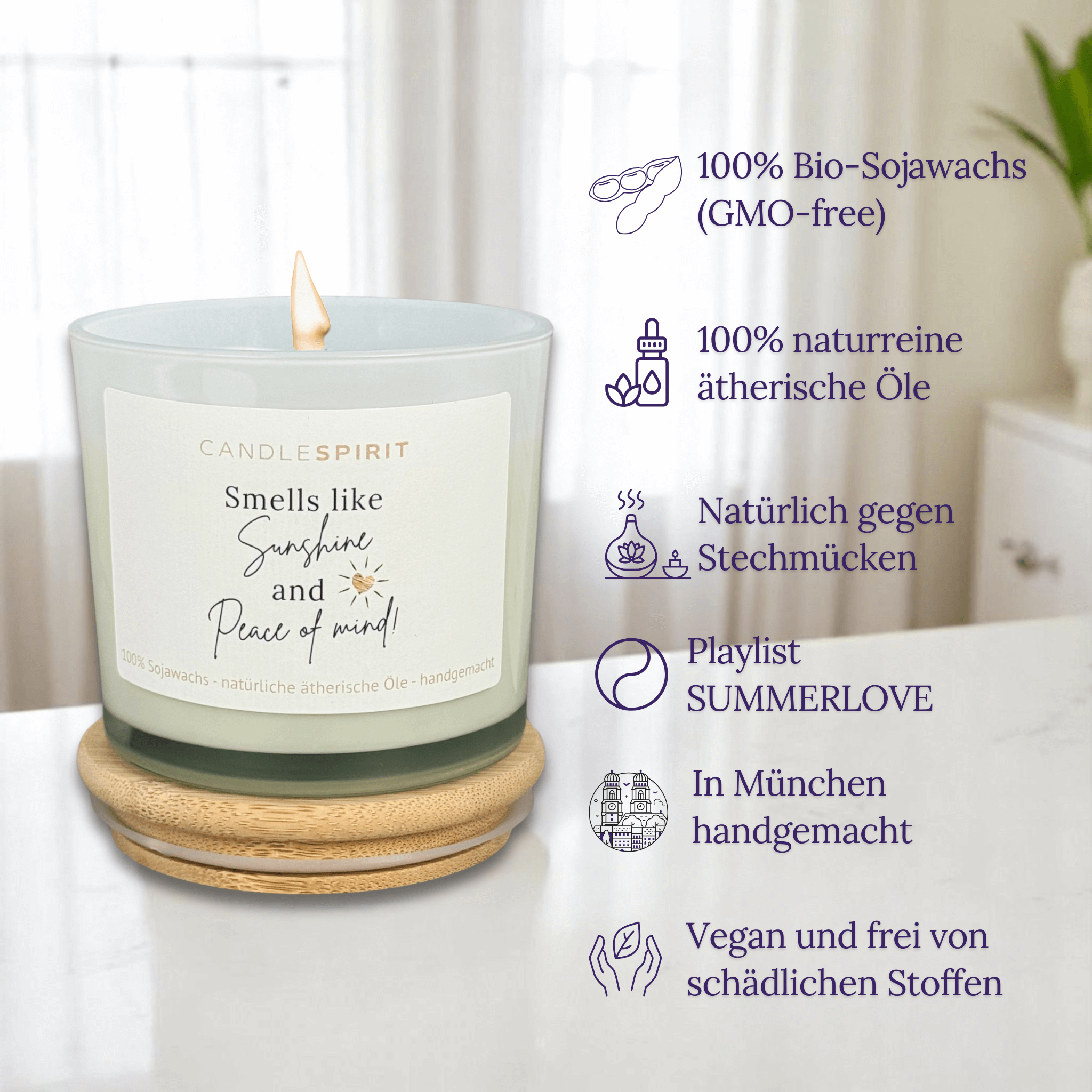 Duftkerze "Smells like Sunshine and Peace of Mind" Duft "SUMMERLOVE" aus Citronella & Lemongras | 50h