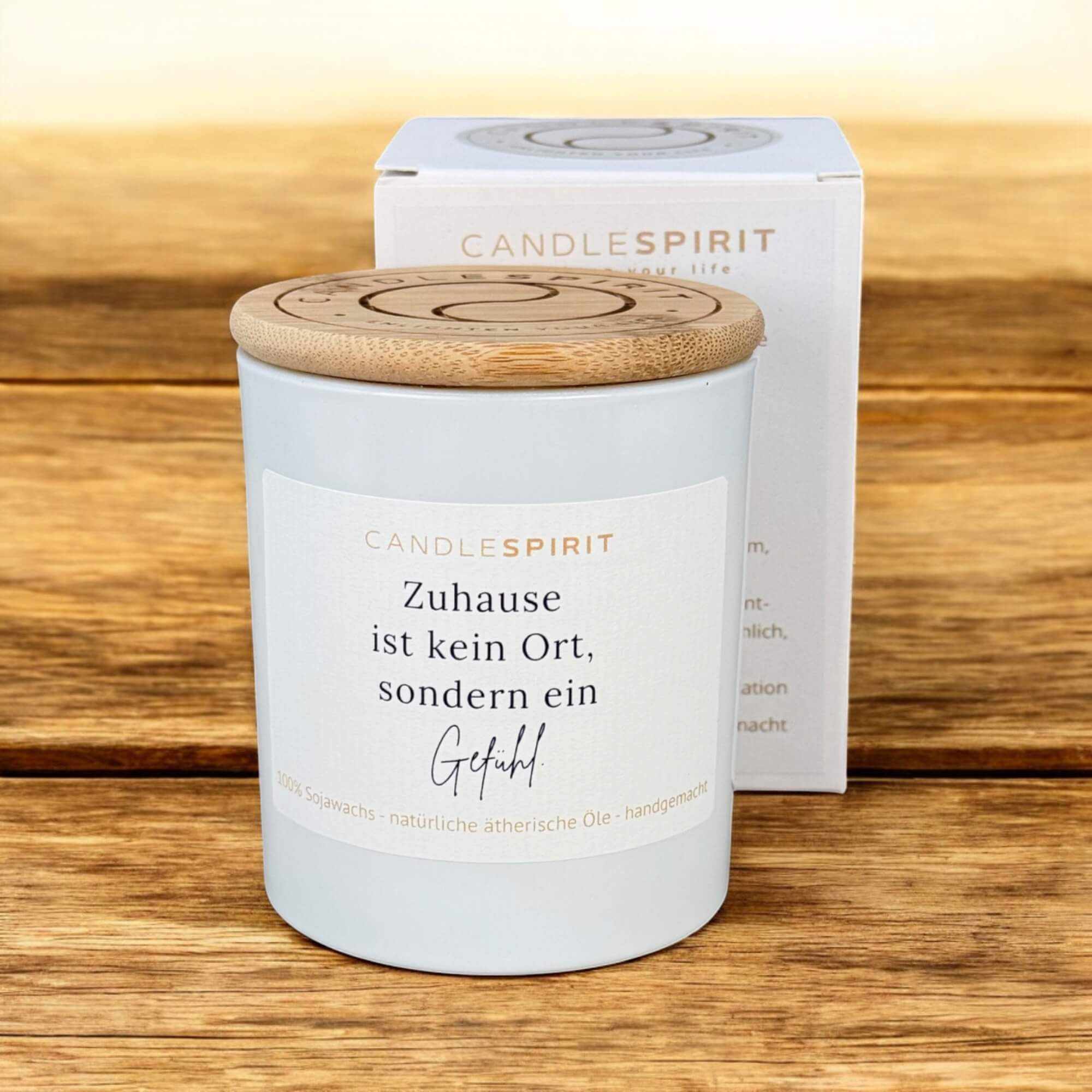 Duftkerze "Zuhause ist kein Ort, sondern ein Gefühl" Gratis Meditation mit Verpackung